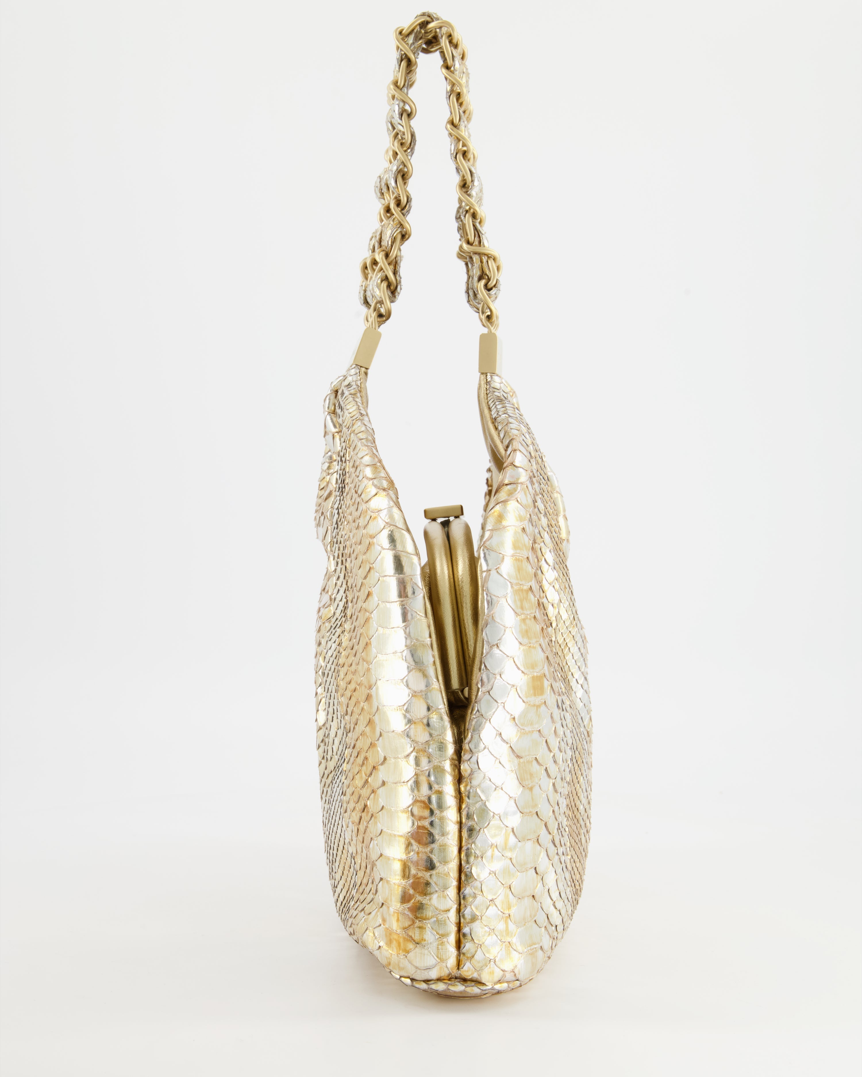 Chanel Vintage Limited Edition Gold Metallic Python Top Handle Bag
