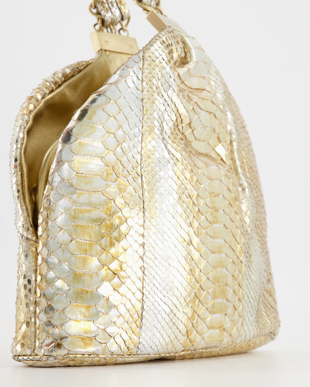 Chanel Vintage Limited Edition Gold Metallic Python Top Handle Bag