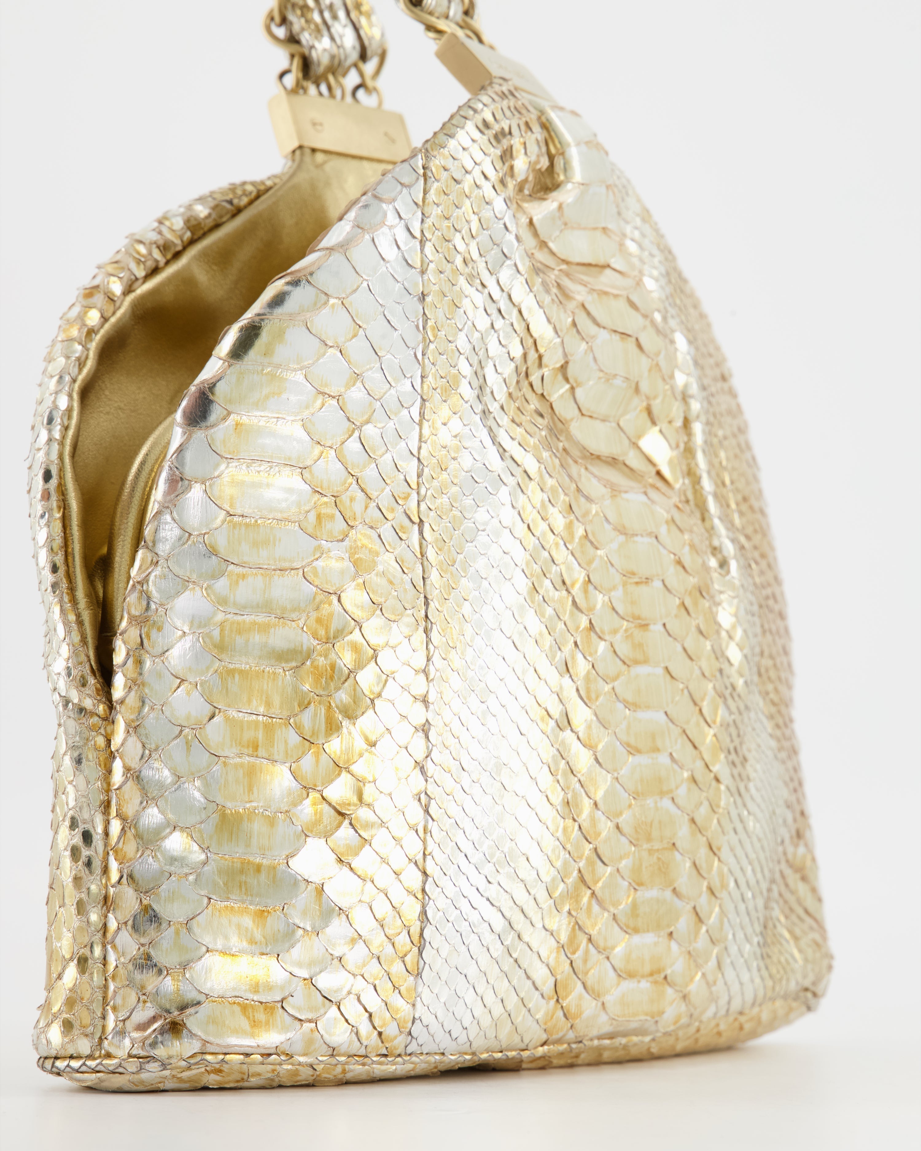 Chanel Vintage Limited Edition Gold Metallic Python Top Handle Bag