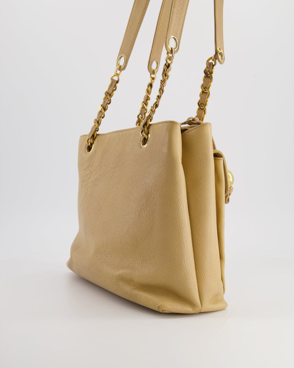 Chanel Vintage Beige Caviar CC Logo Tote Bag with 24k Gold Hardware