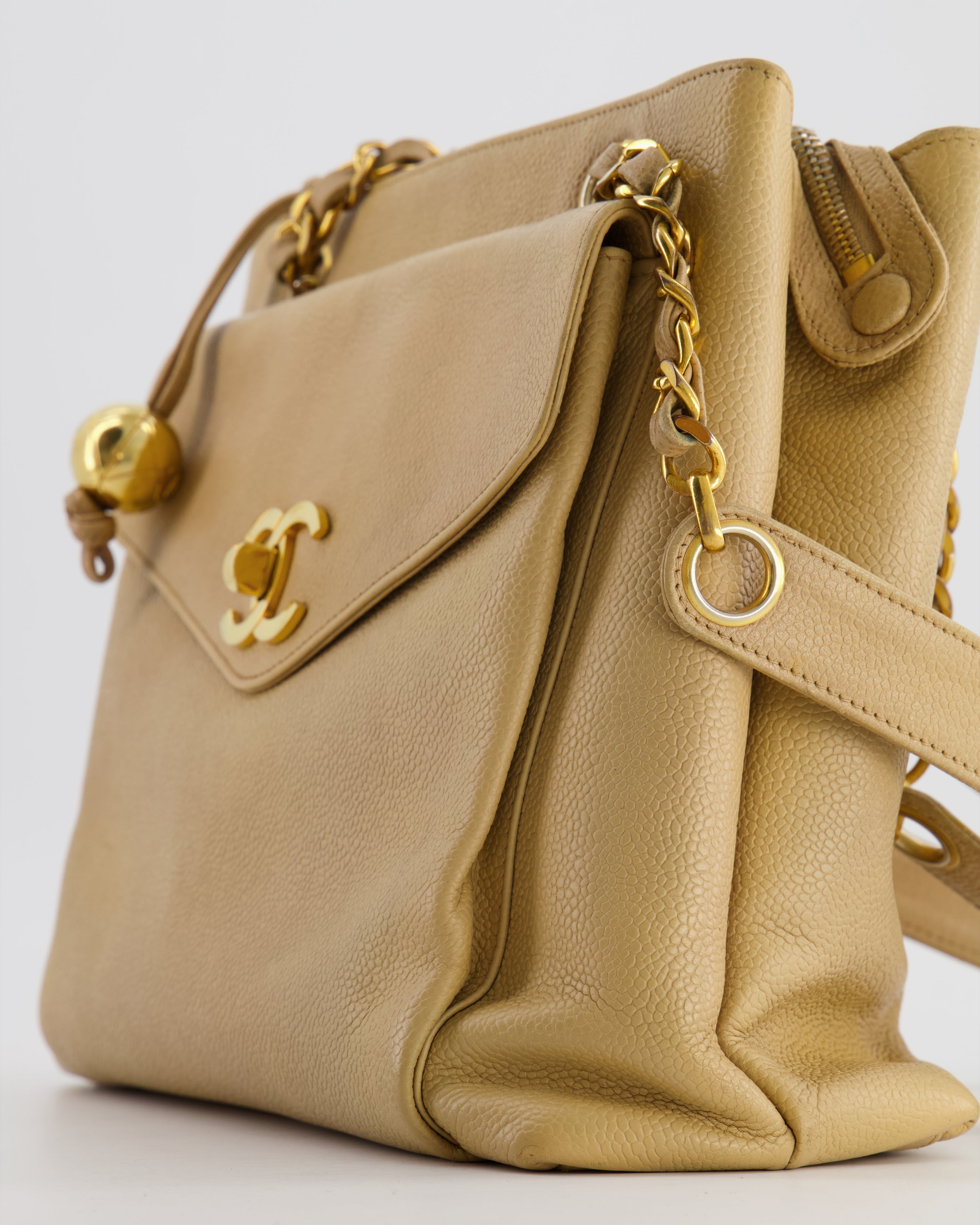 Chanel Vintage Beige Caviar CC Logo Tote Bag with 24k Gold Hardware