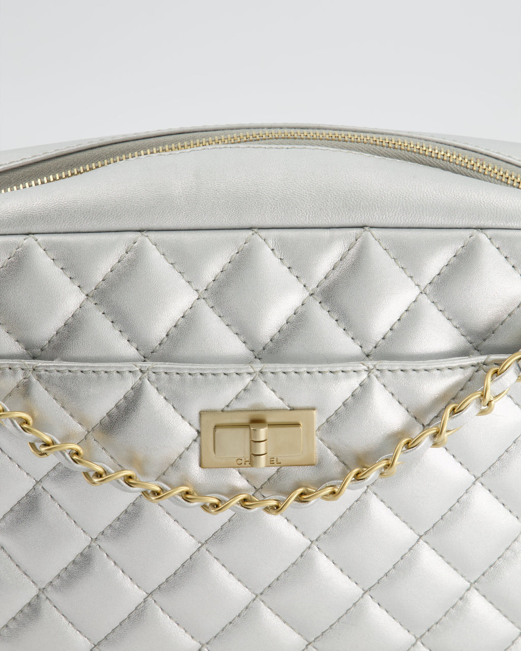 Chanel Metallic Silver Camera Bag in Lambskin With Brushed Gold Hardware