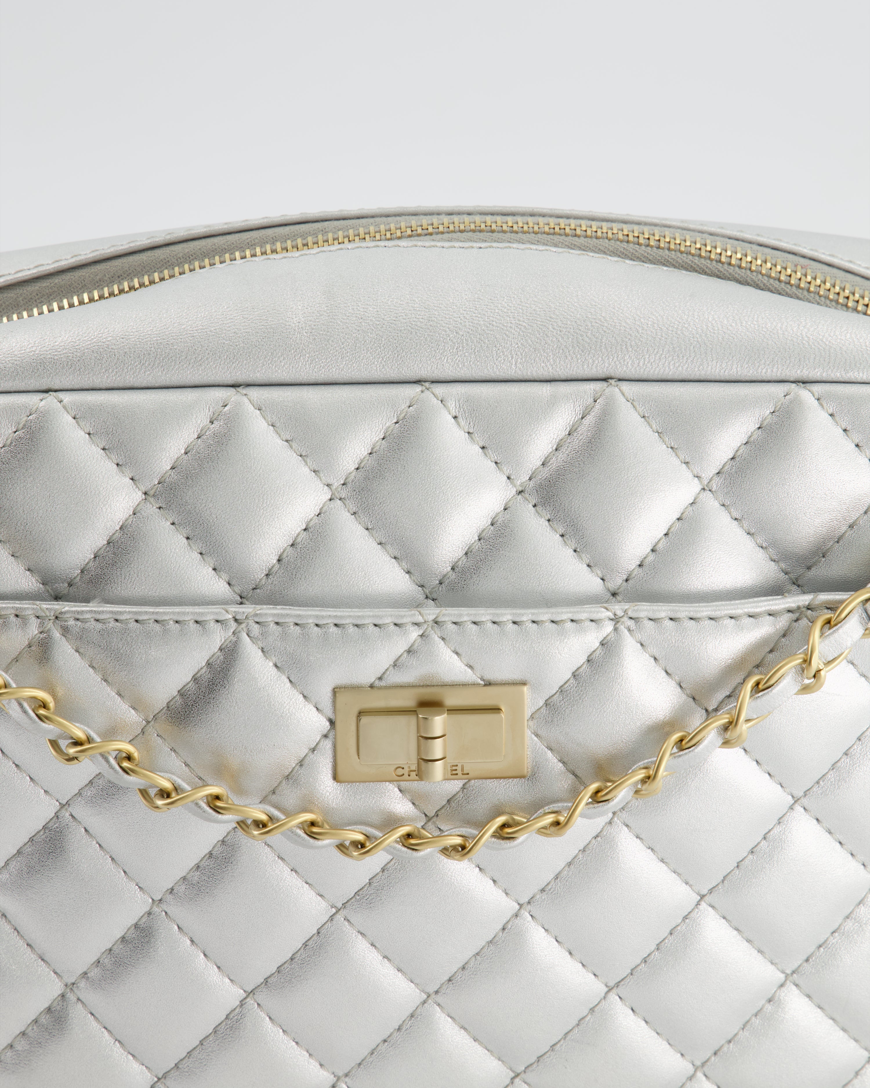 Chanel Metallic Silver Camera Bag in Lambskin With Brushed Gold Hardware