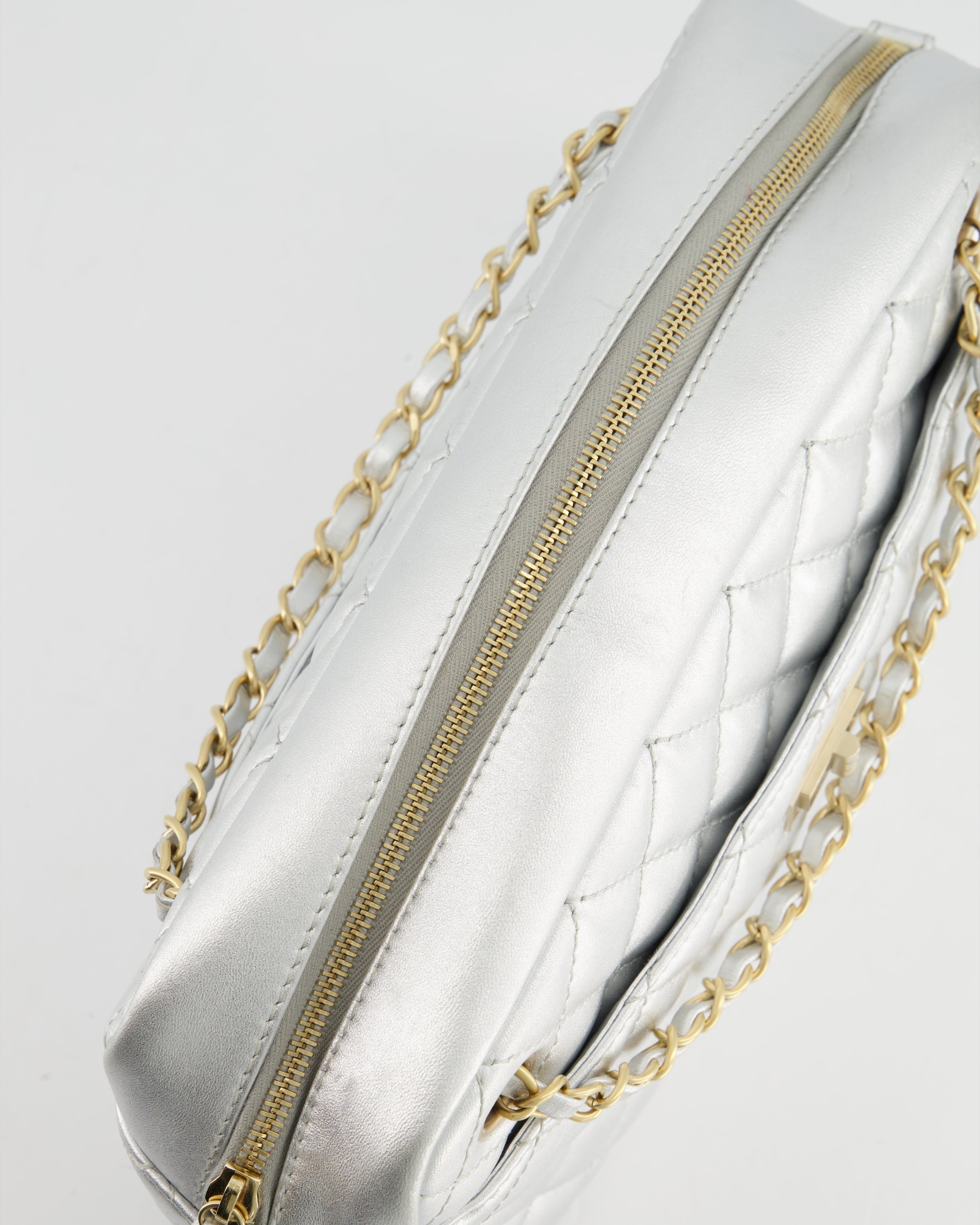 Chanel Metallic Silver Camera Bag in Lambskin With Brushed Gold Hardware