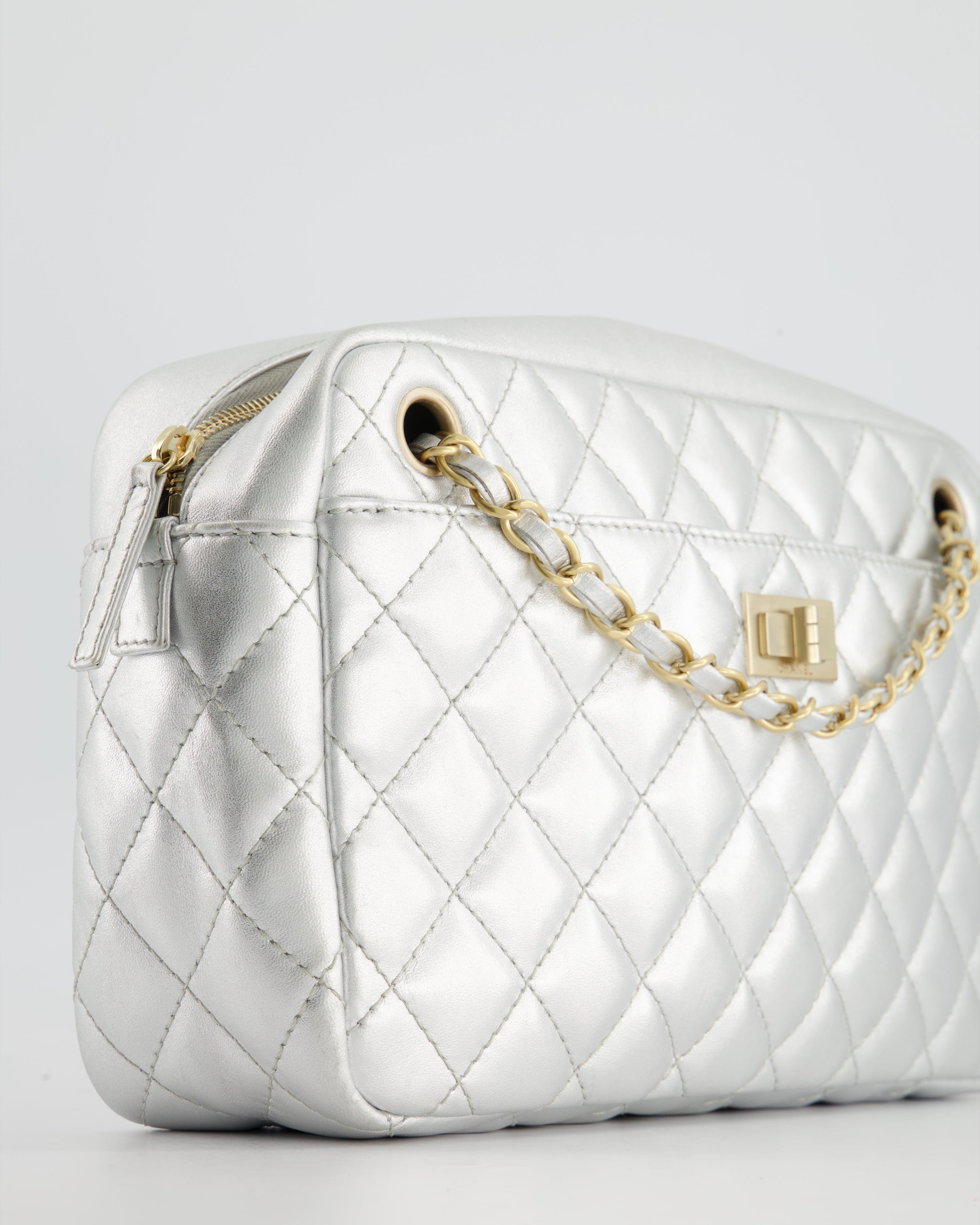 Chanel Metallic Silver Camera Bag in Lambskin With Brushed Gold Hardware