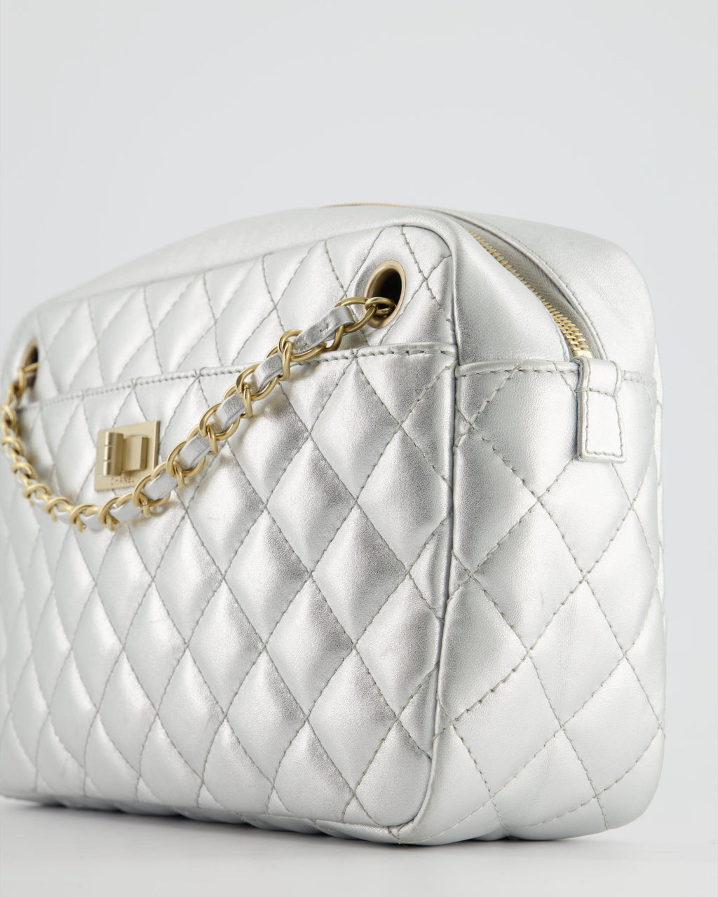 Chanel Metallic Silver Camera Bag in Lambskin With Brushed Gold Hardware