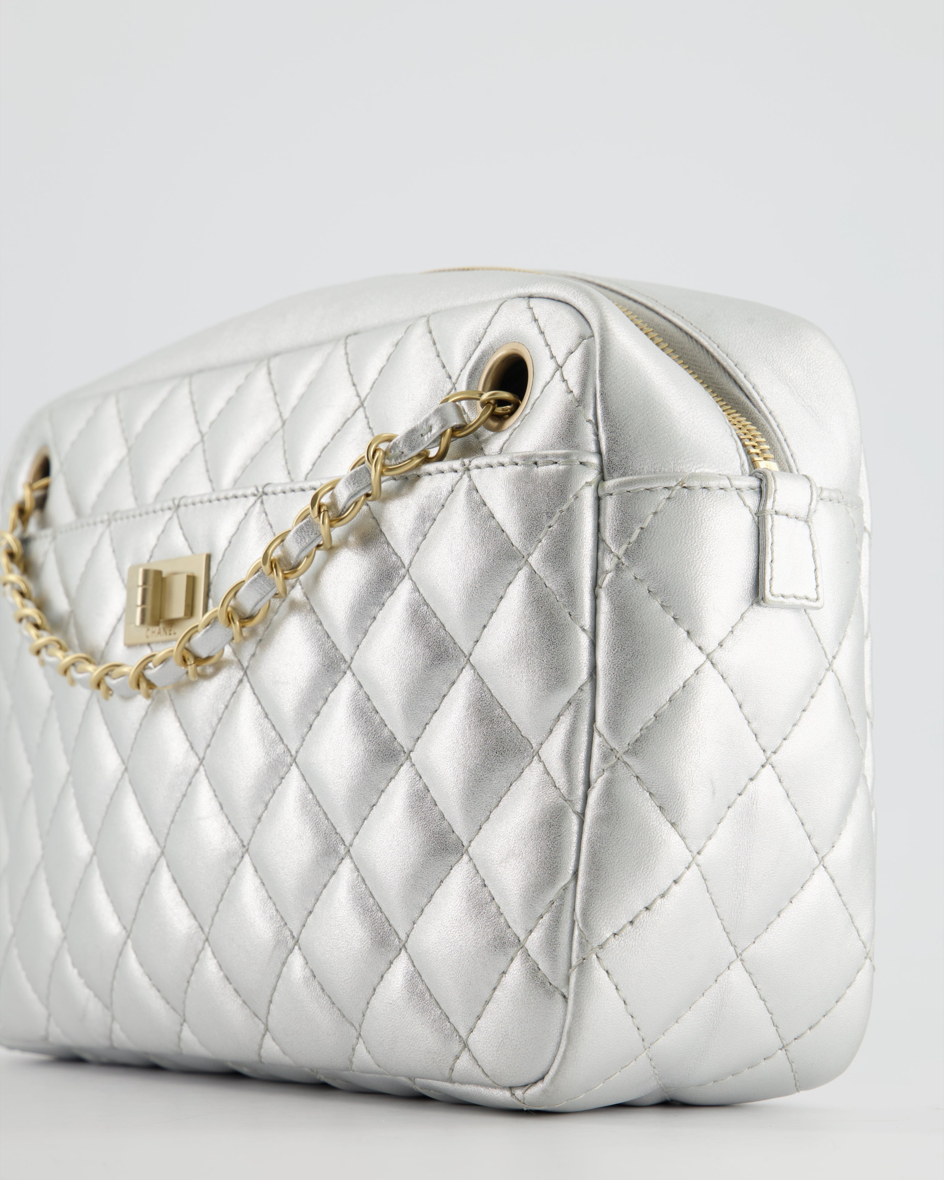 Chanel Metallic Silver Camera Bag in Lambskin With Brushed Gold Hardware