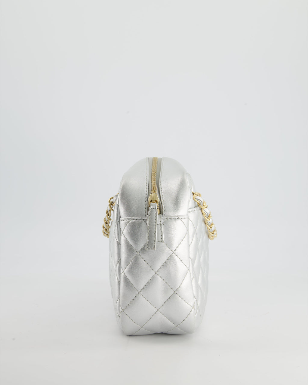 Chanel Metallic Silver Camera Bag in Lambskin With Brushed Gold Hardware