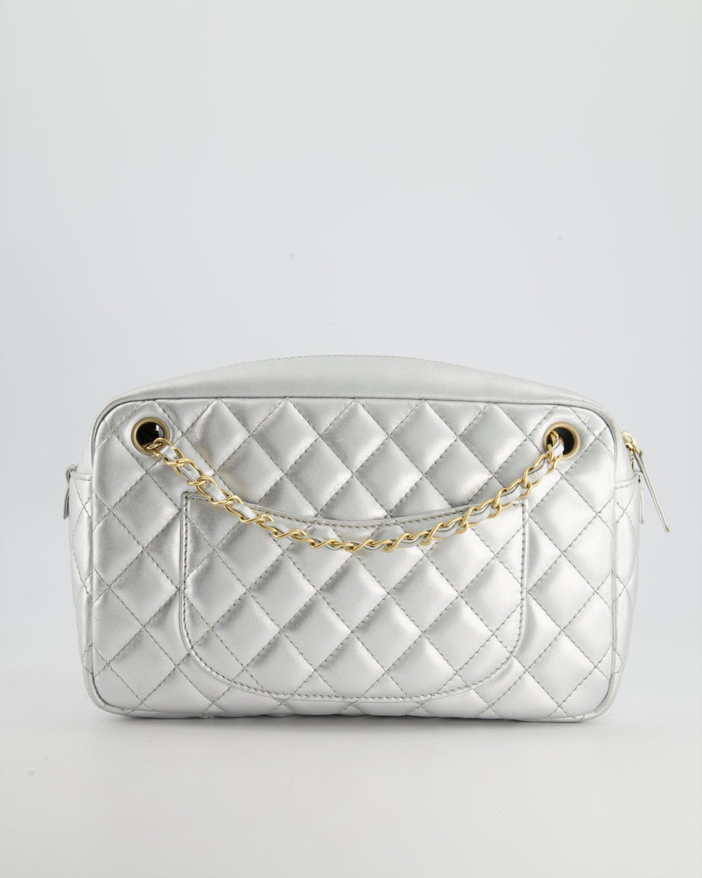 Chanel Metallic Silver Camera Bag in Lambskin With Brushed Gold Hardware