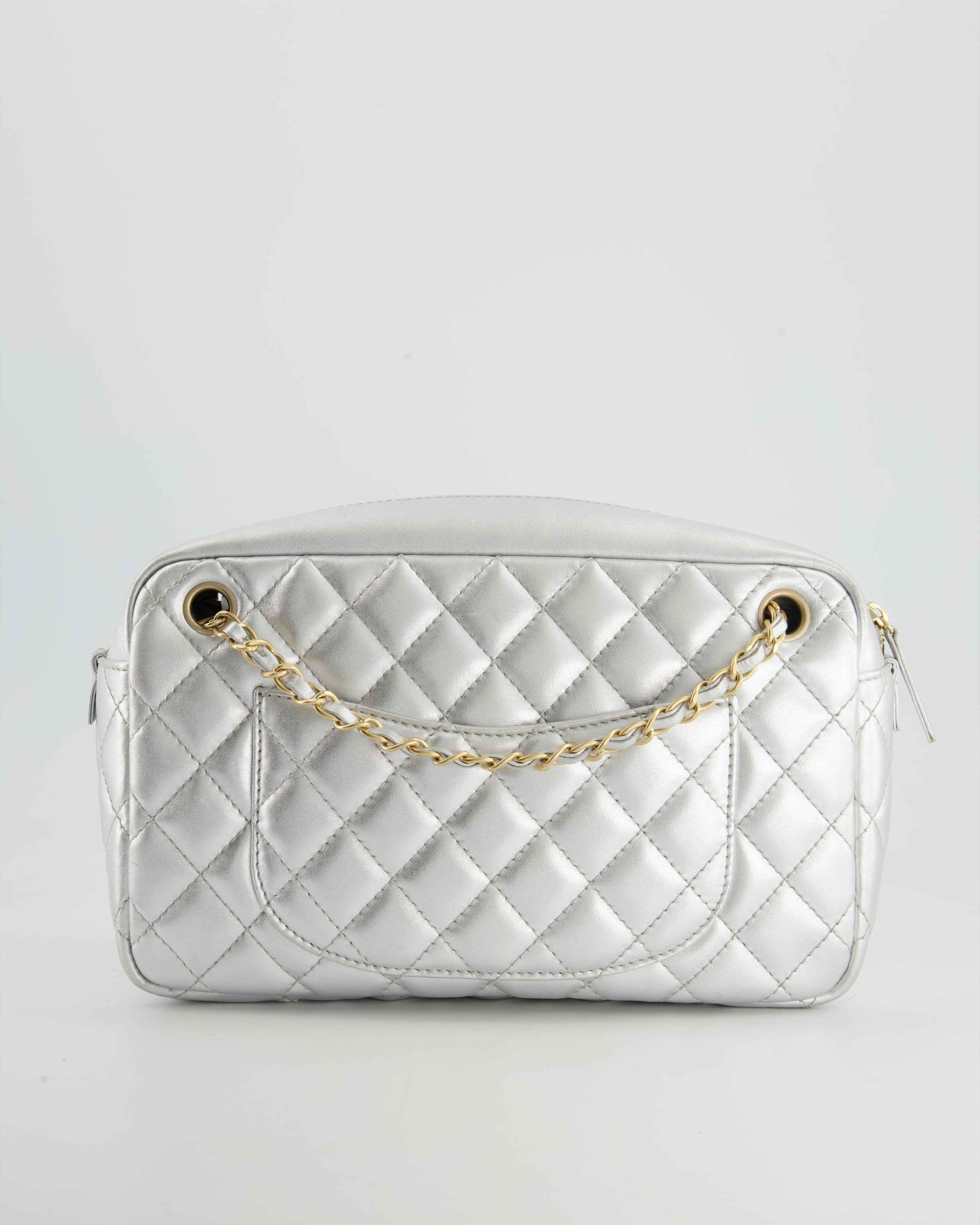 Chanel Metallic Silver Camera Bag in Lambskin With Brushed Gold Hardware
