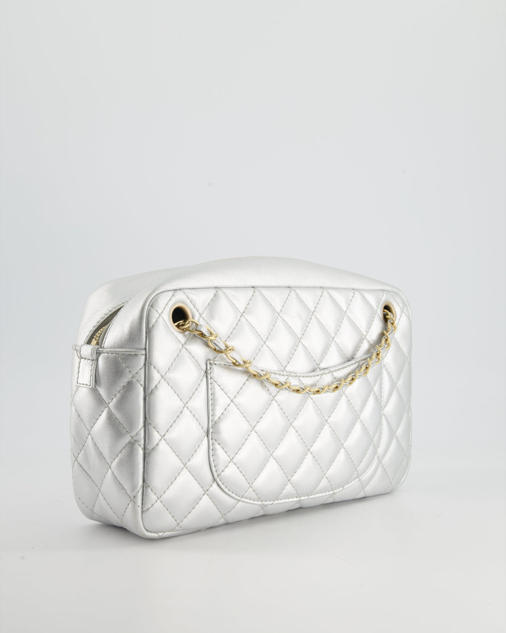 Chanel Metallic Silver Camera Bag in Lambskin With Brushed Gold Hardware