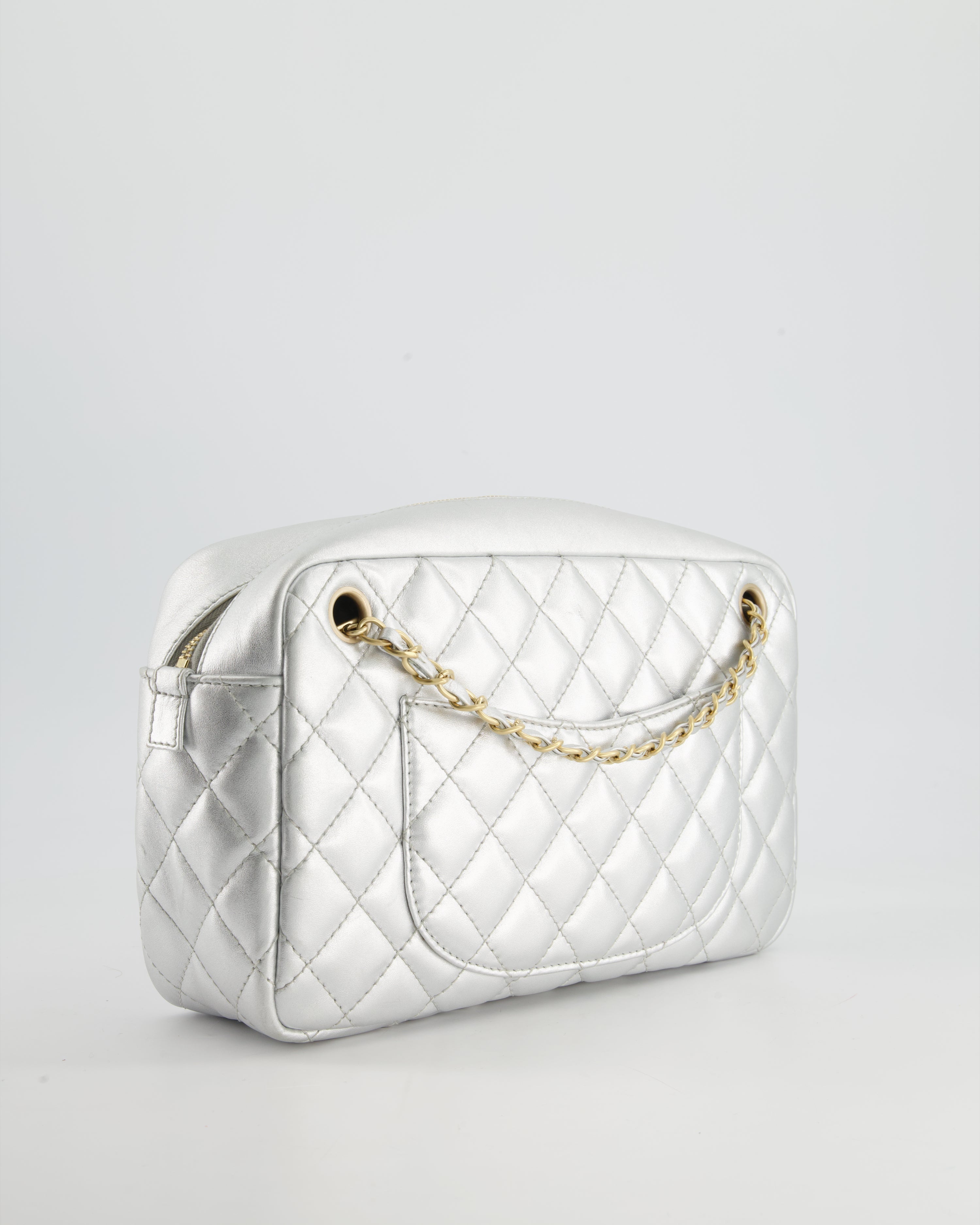 Chanel Metallic Silver Camera Bag in Lambskin With Brushed Gold Hardware