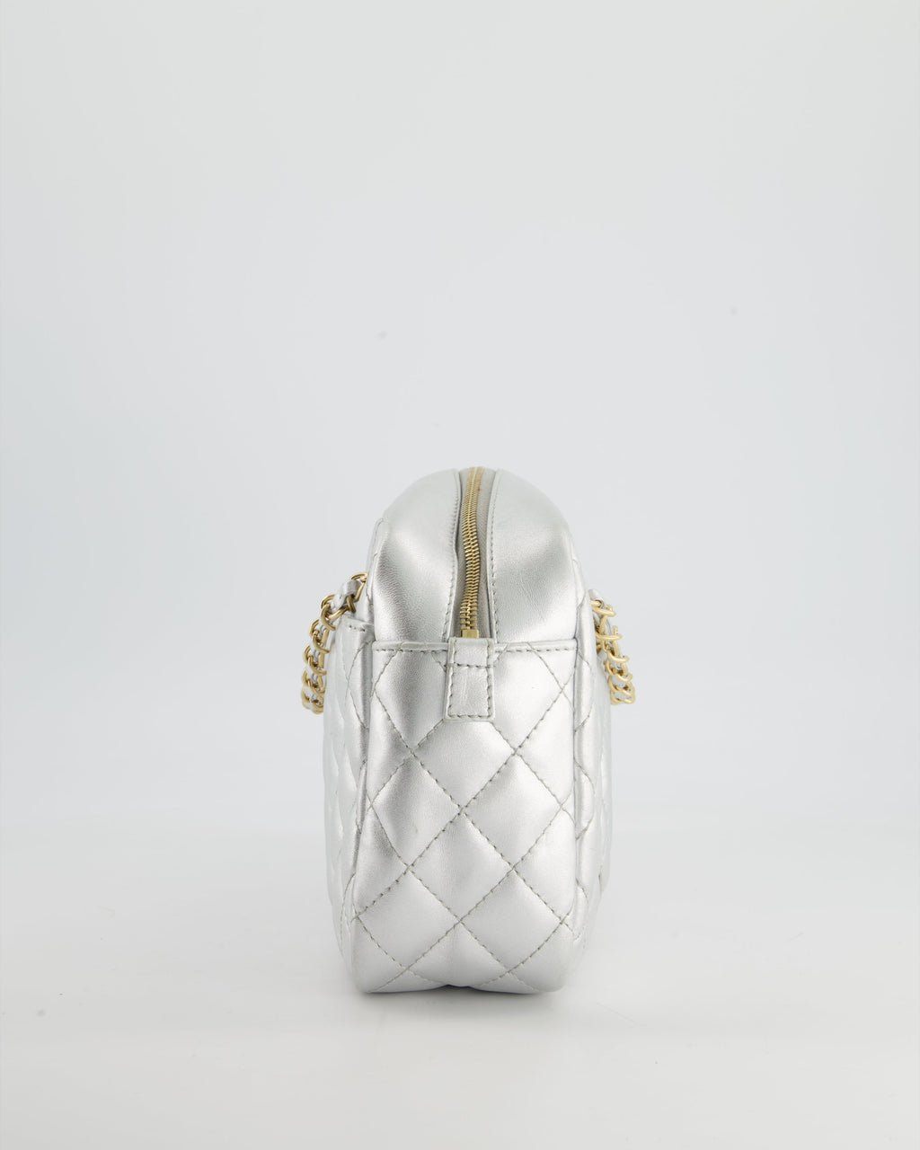Chanel Metallic Silver Camera Bag in Lambskin With Brushed Gold Hardware