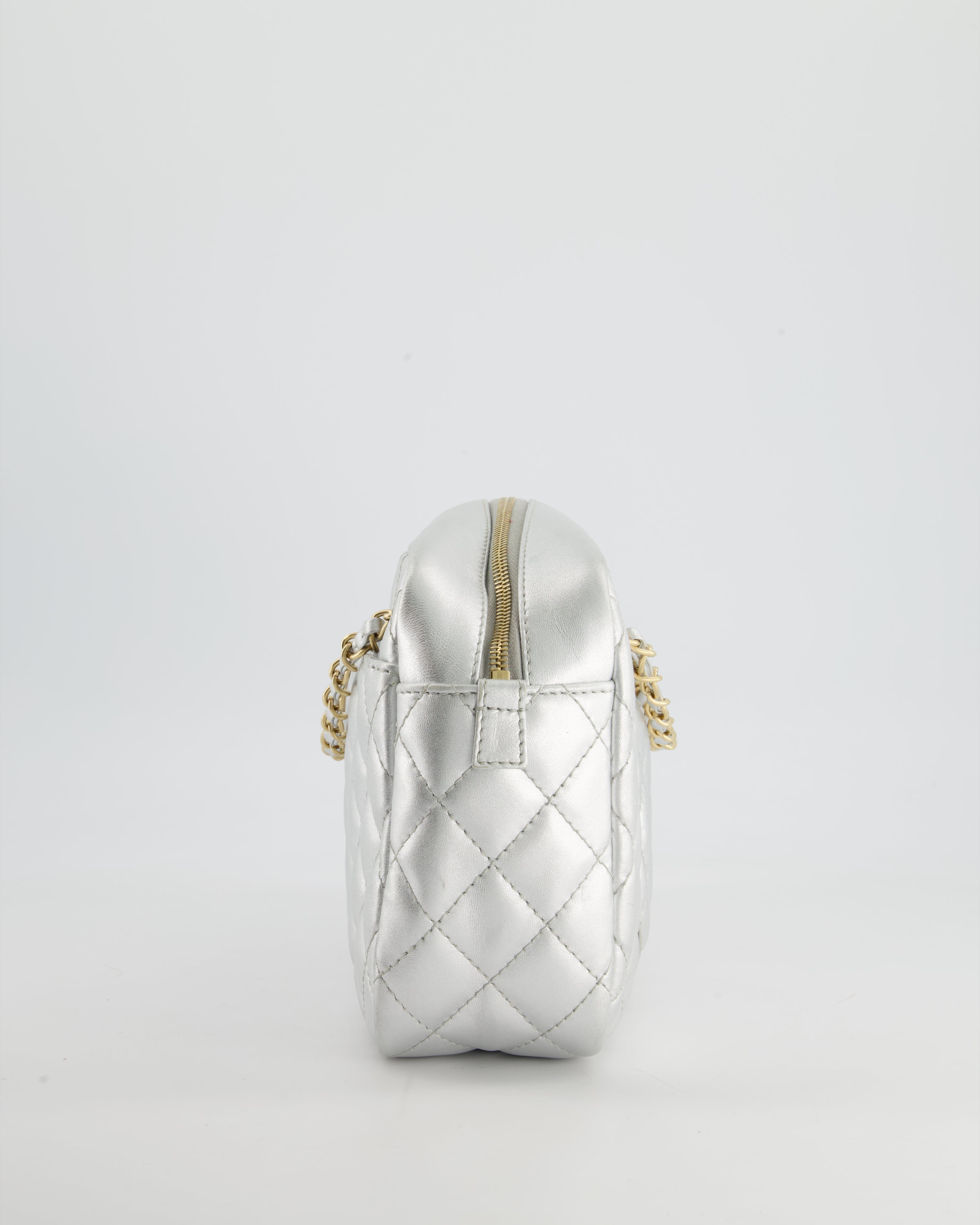 Chanel Metallic Silver Camera Bag in Lambskin With Brushed Gold Hardware