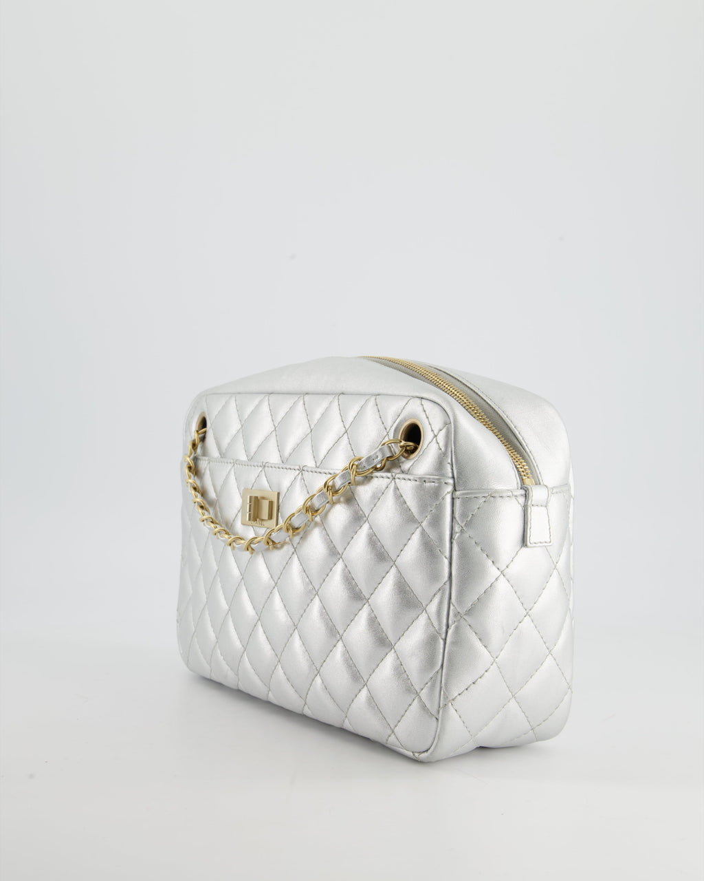 Chanel Metallic Silver Camera Bag in Lambskin With Brushed Gold Hardware
