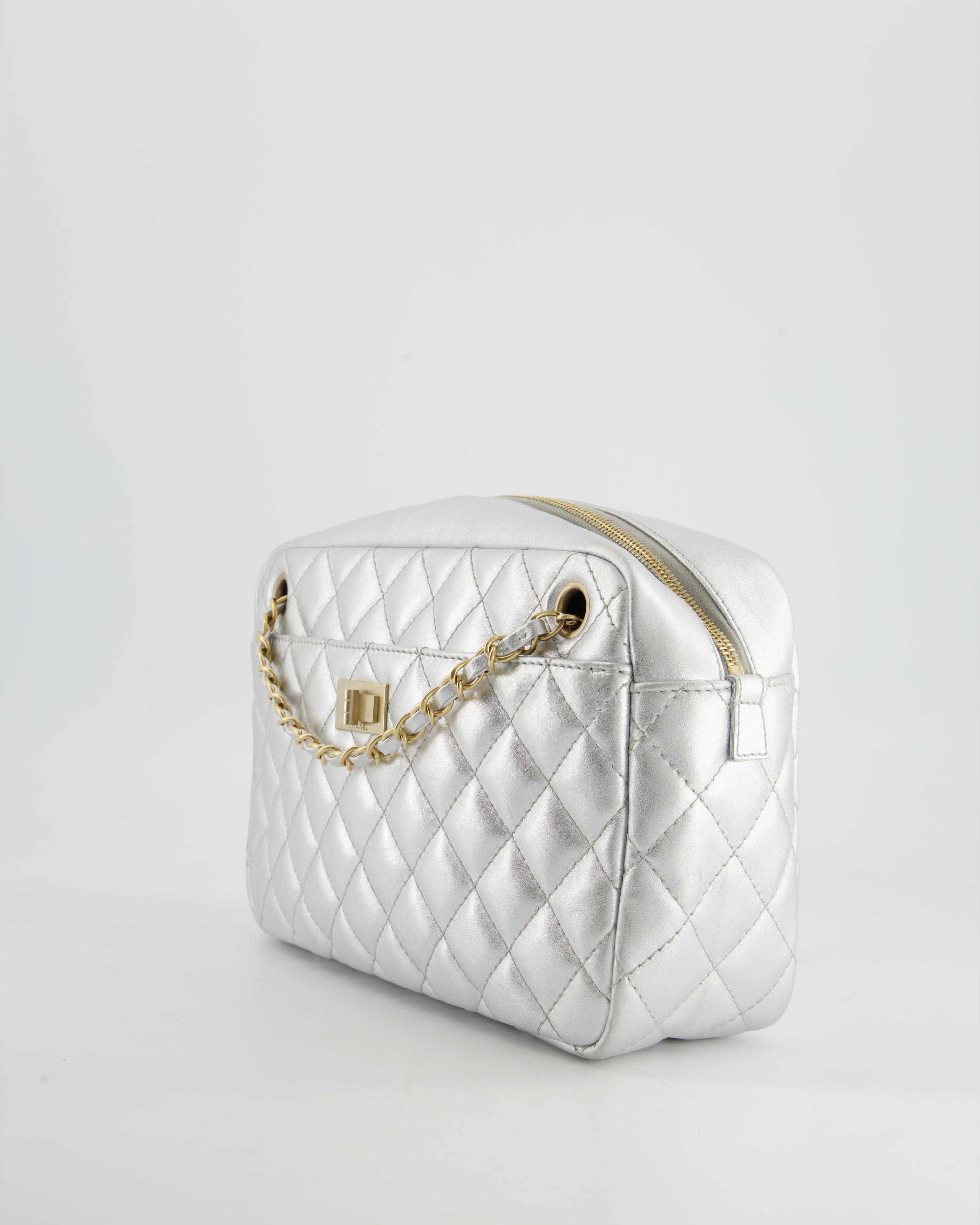 Chanel Metallic Silver Camera Bag in Lambskin With Brushed Gold Hardware