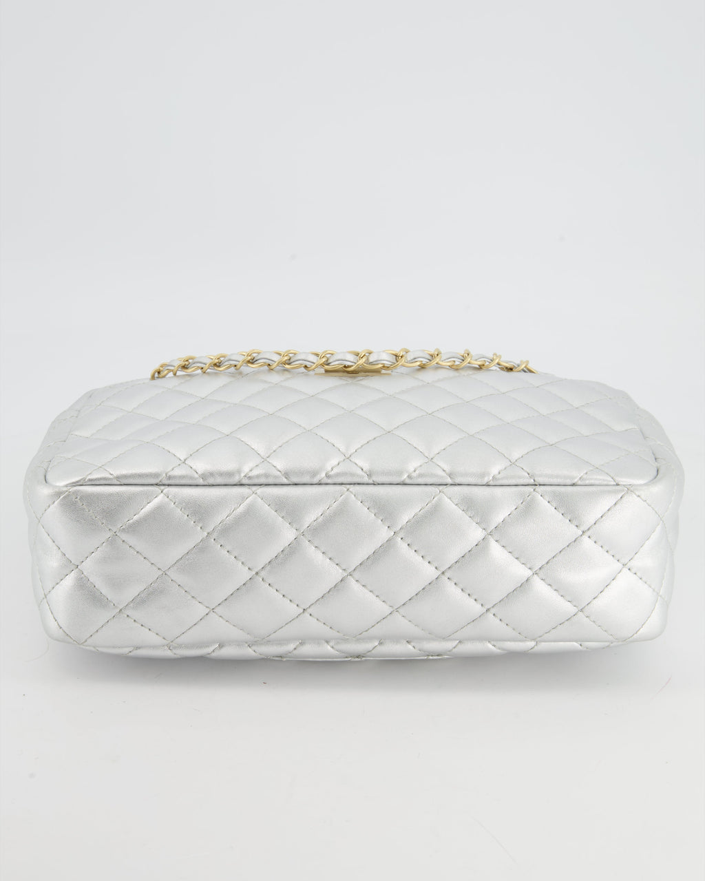 Chanel Metallic Silver Camera Bag in Lambskin With Brushed Gold Hardware