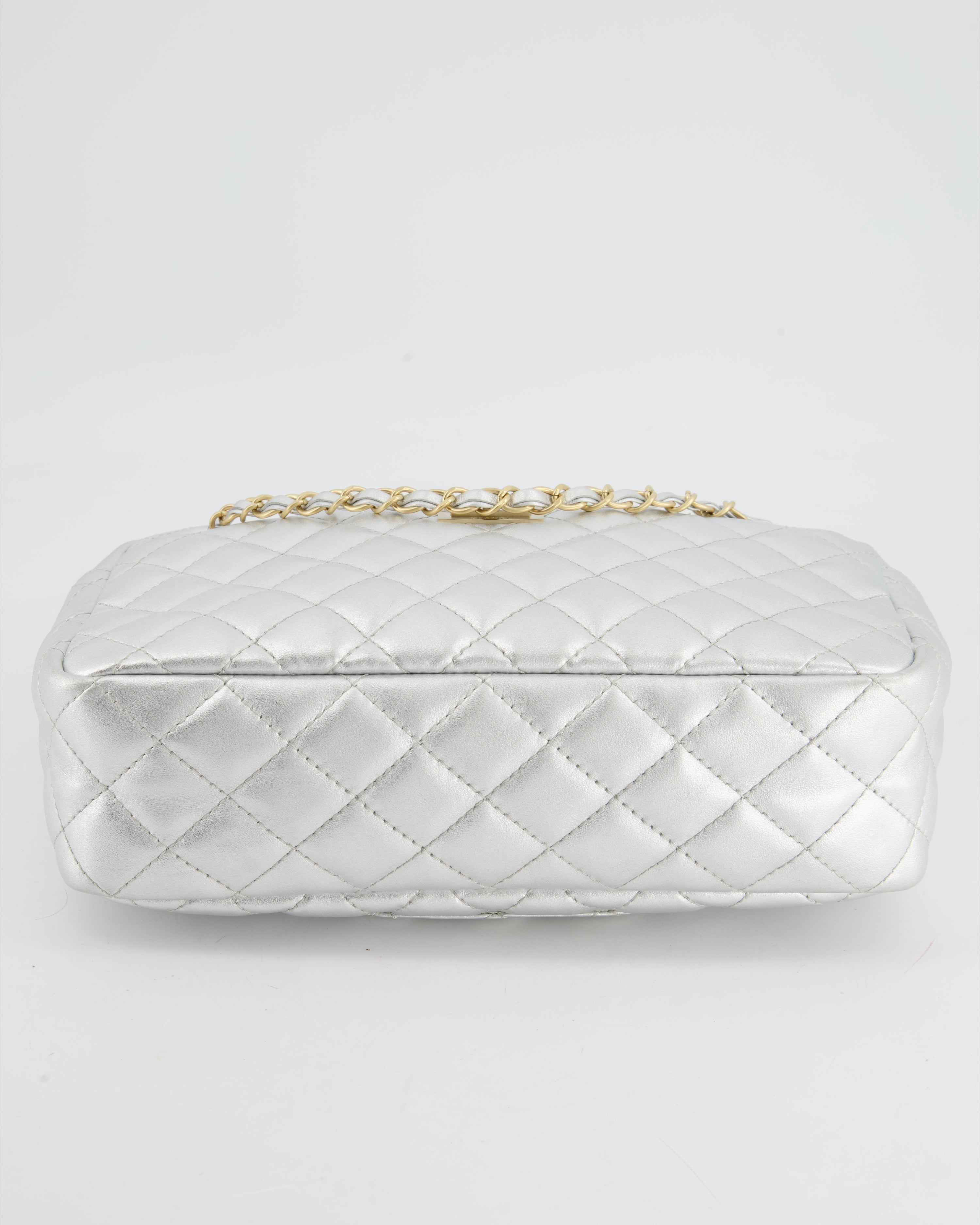 Chanel Metallic Silver Camera Bag in Lambskin With Brushed Gold Hardware