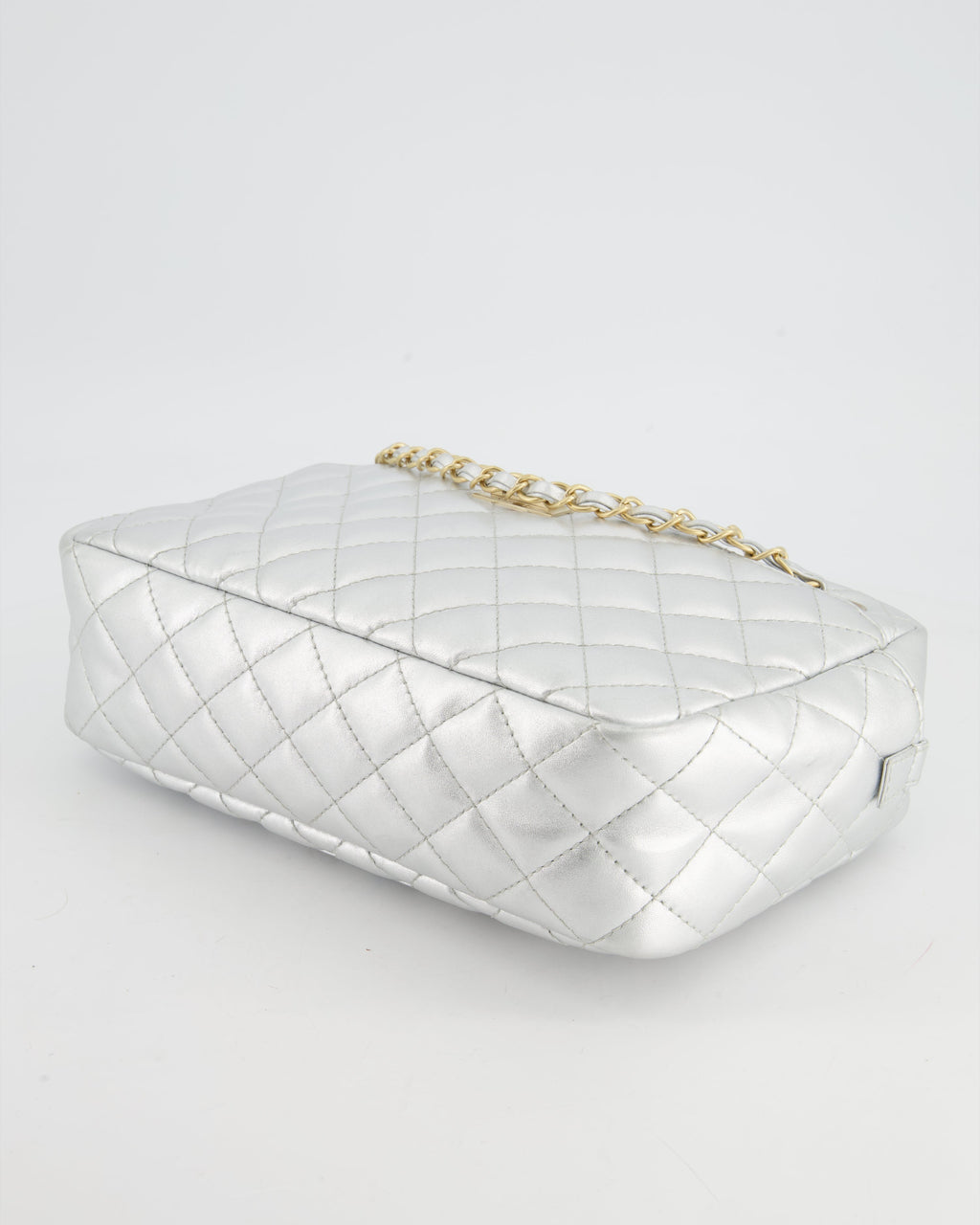 Chanel Metallic Silver Camera Bag in Lambskin With Brushed Gold Hardware