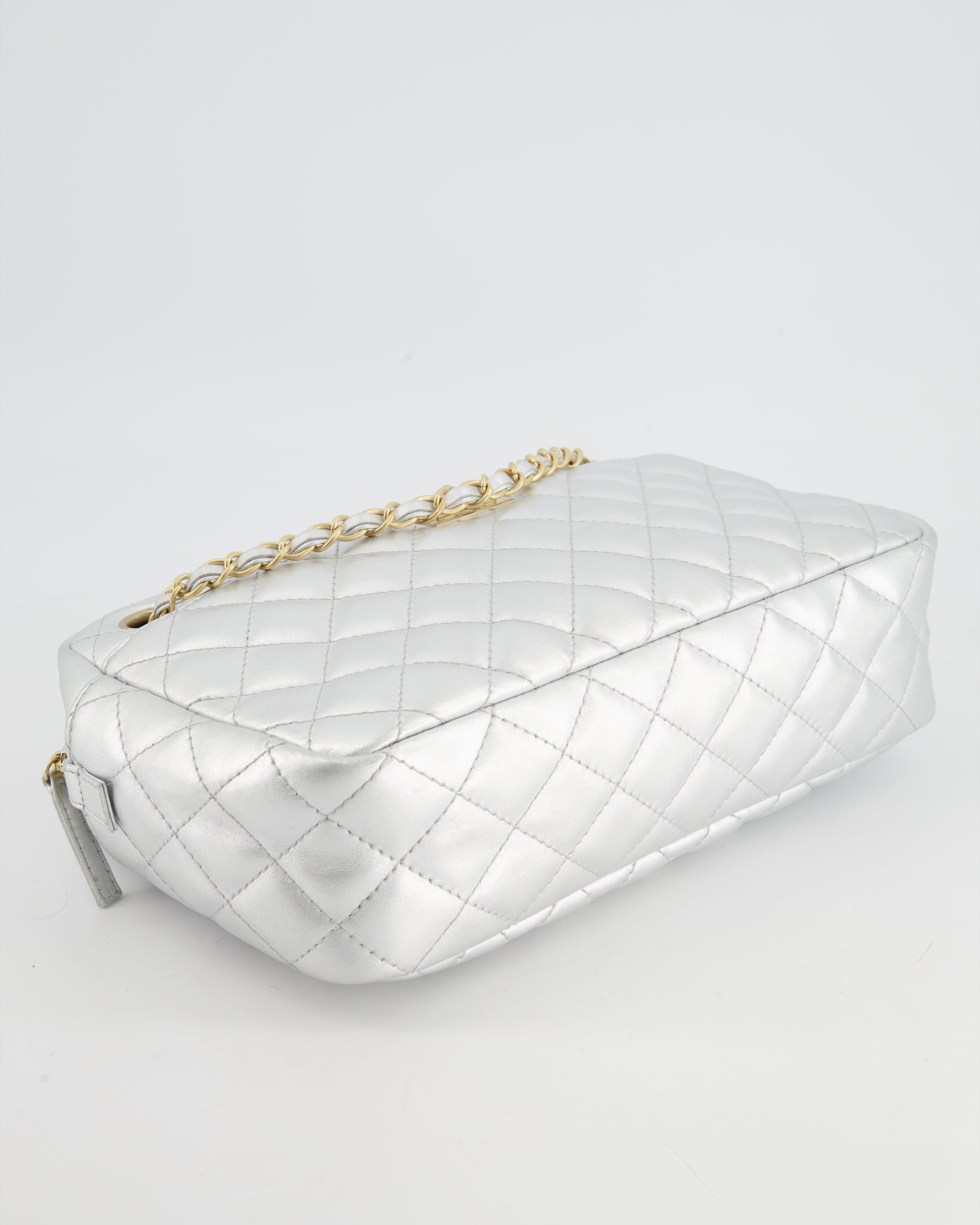 Chanel Metallic Silver Camera Bag in Lambskin With Brushed Gold Hardware