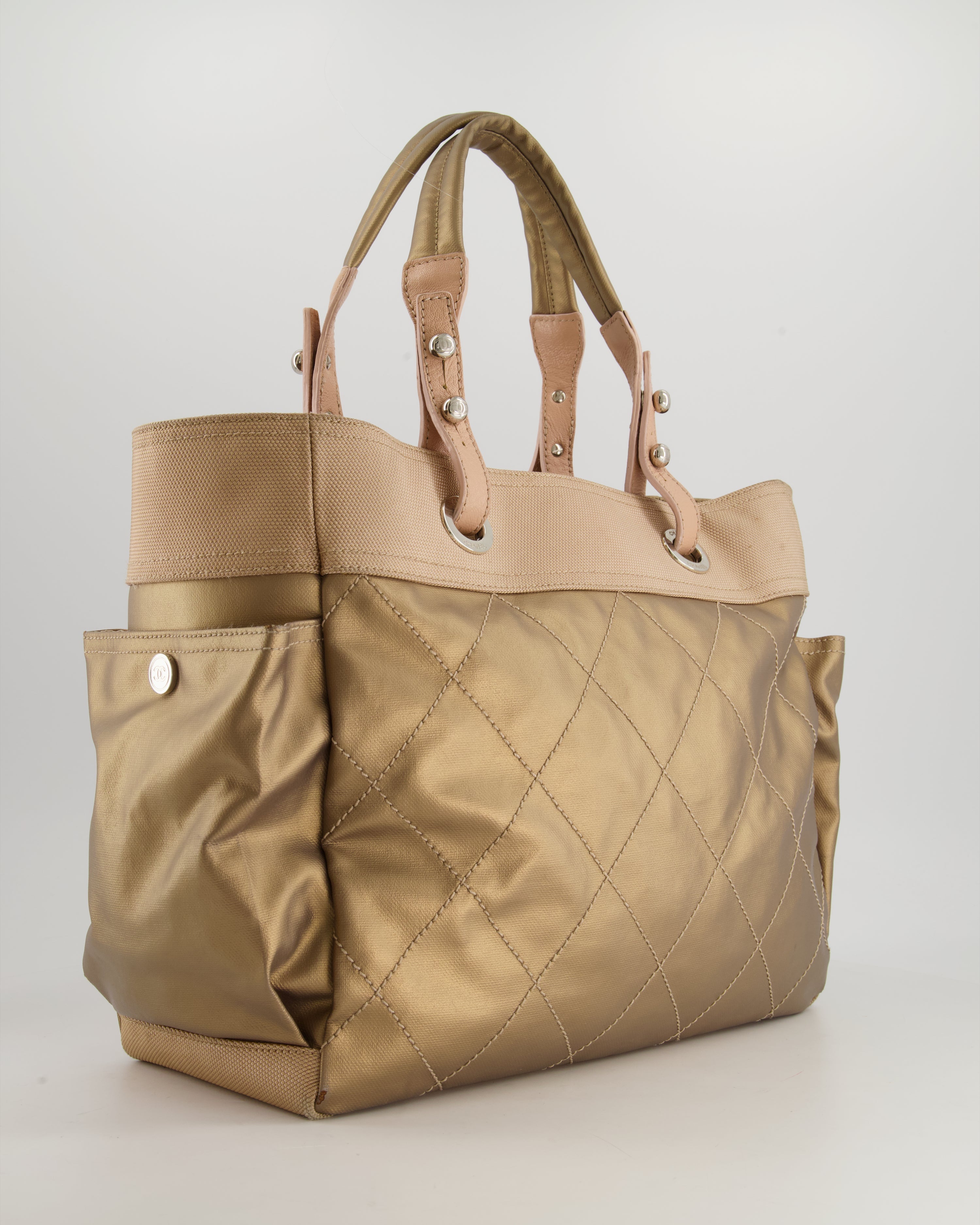 Chanel Vintage Bronze Canvas Shopper Tote Bag with Silver Hardware