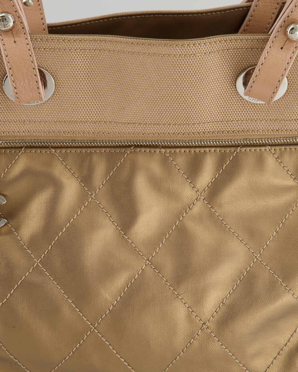 Chanel Vintage Bronze Canvas Shopper Tote Bag with Silver Hardware
