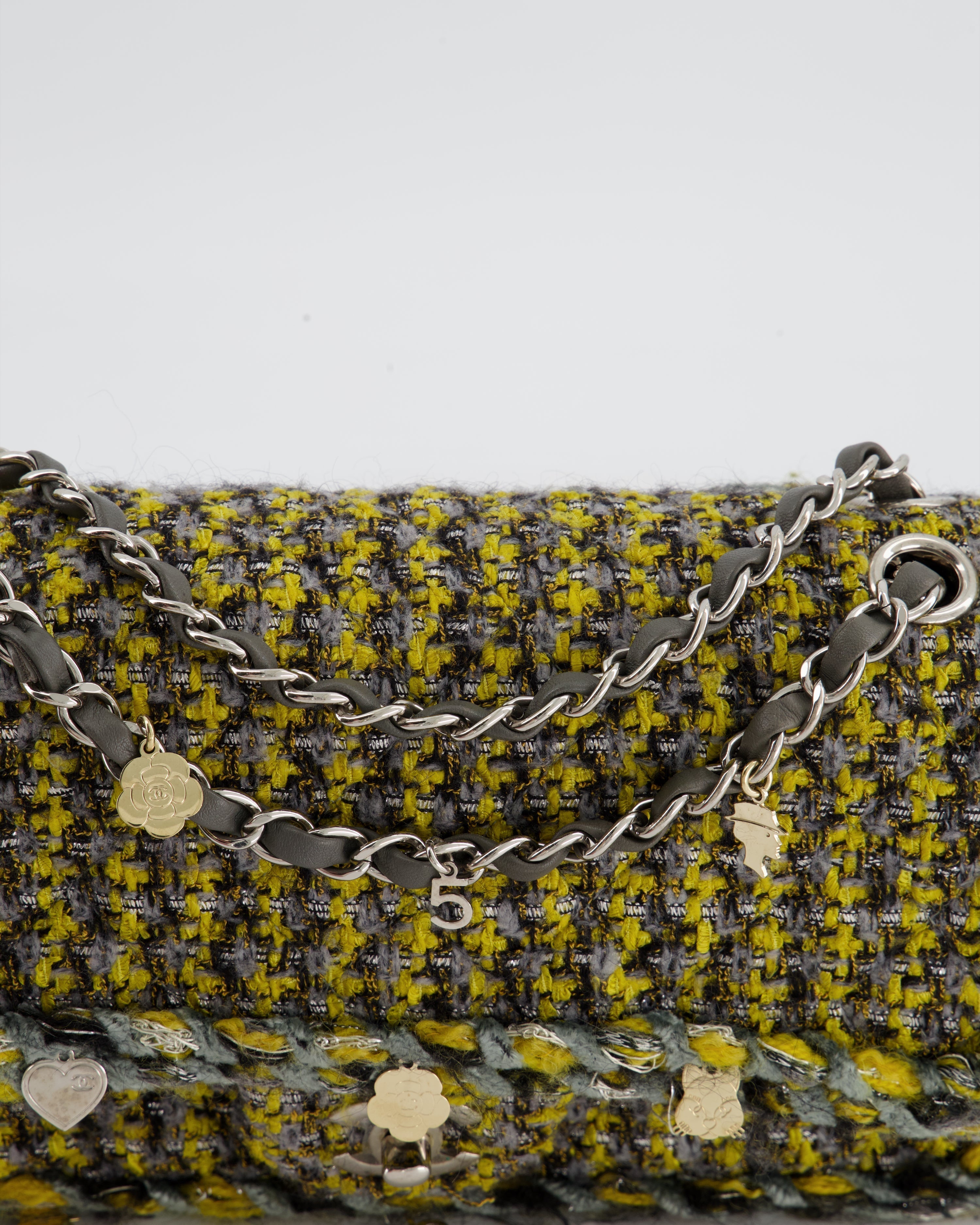 Chanel Grey, Yellow and Black Tweed Medium Classic Double Flap Bag with Silver Hardware and Champagne Charms RRP - £8,530