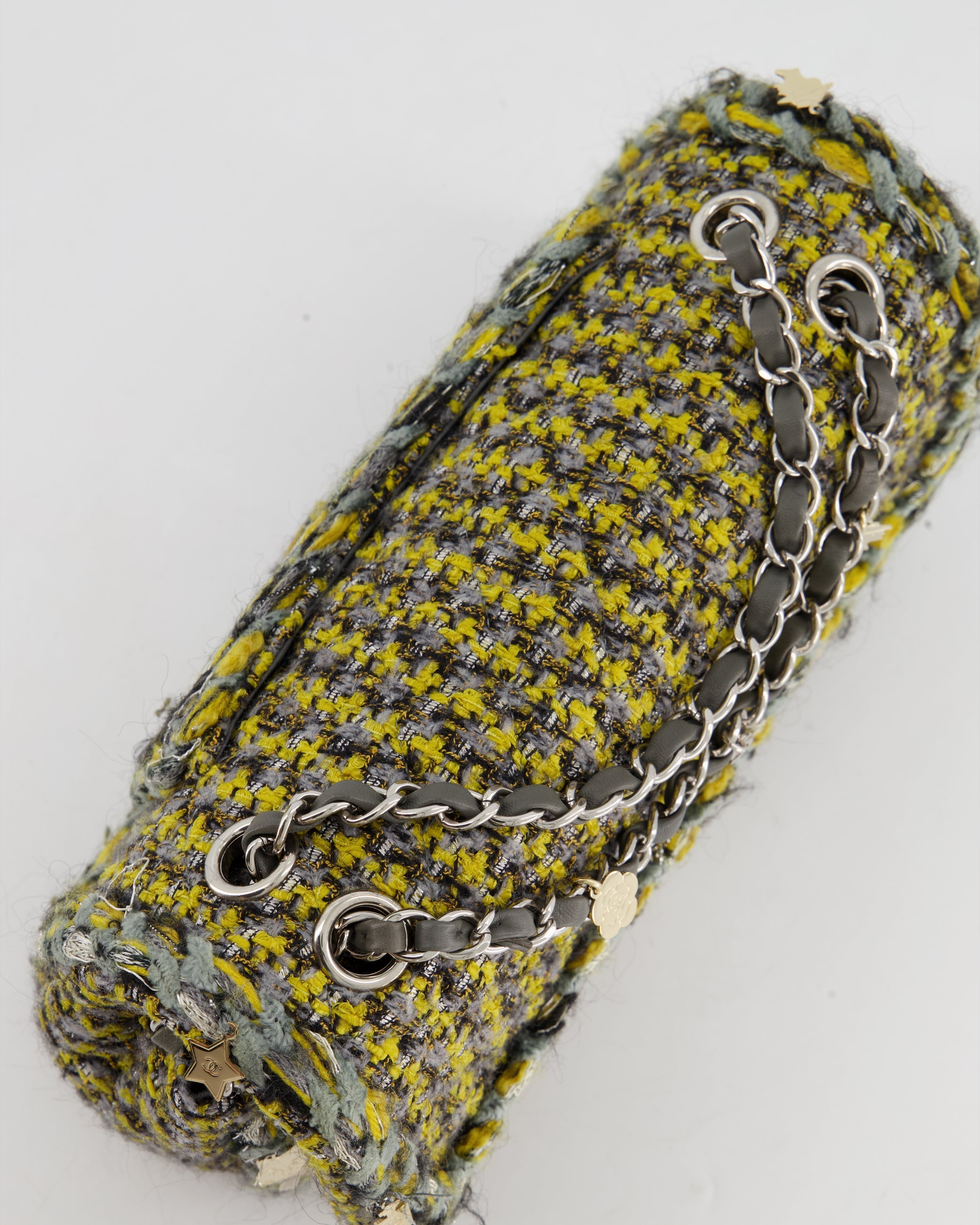 Chanel Grey, Yellow and Black Tweed Medium Classic Double Flap Bag with Silver Hardware and Champagne Charms RRP - £8,530