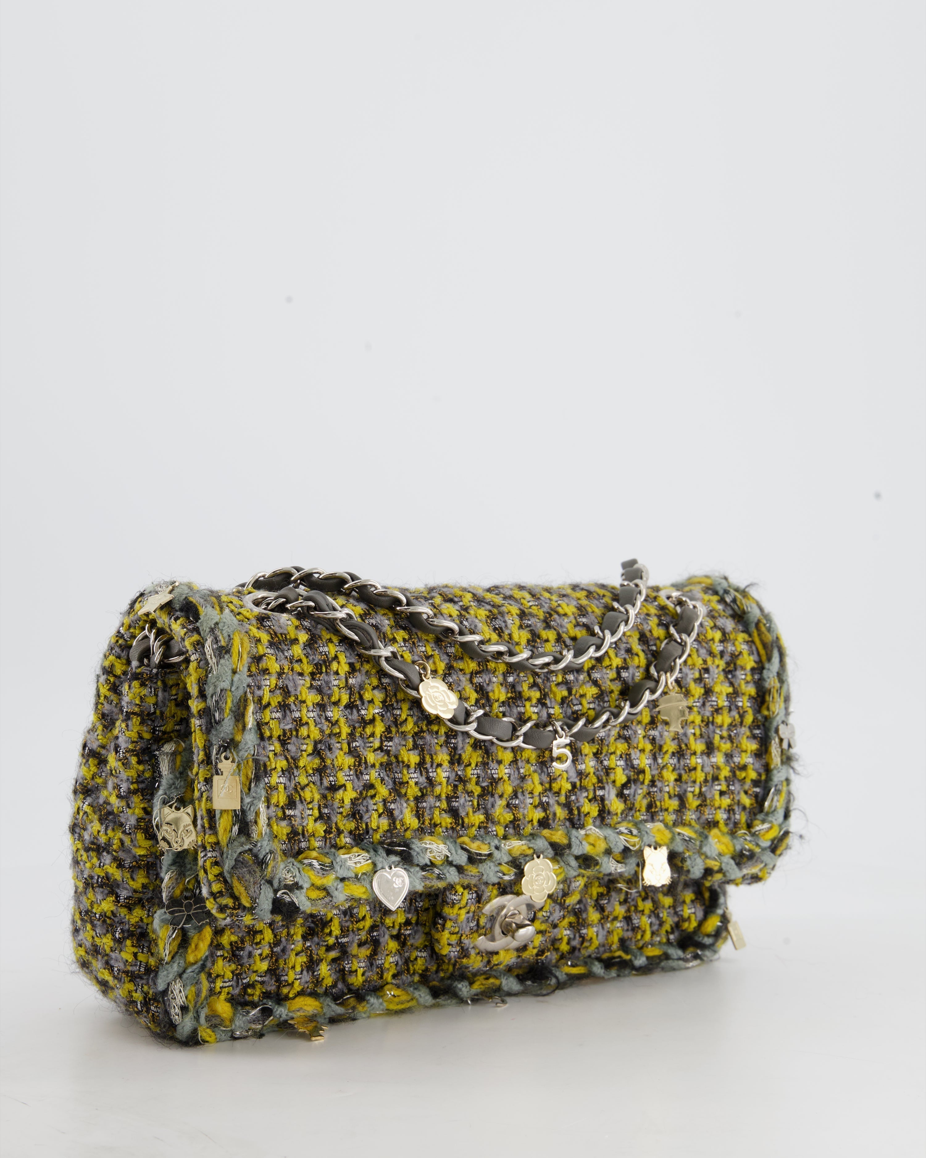 Chanel Grey, Yellow and Black Tweed Medium Classic Double Flap Bag with Silver Hardware and Champagne Charms RRP - £8,530