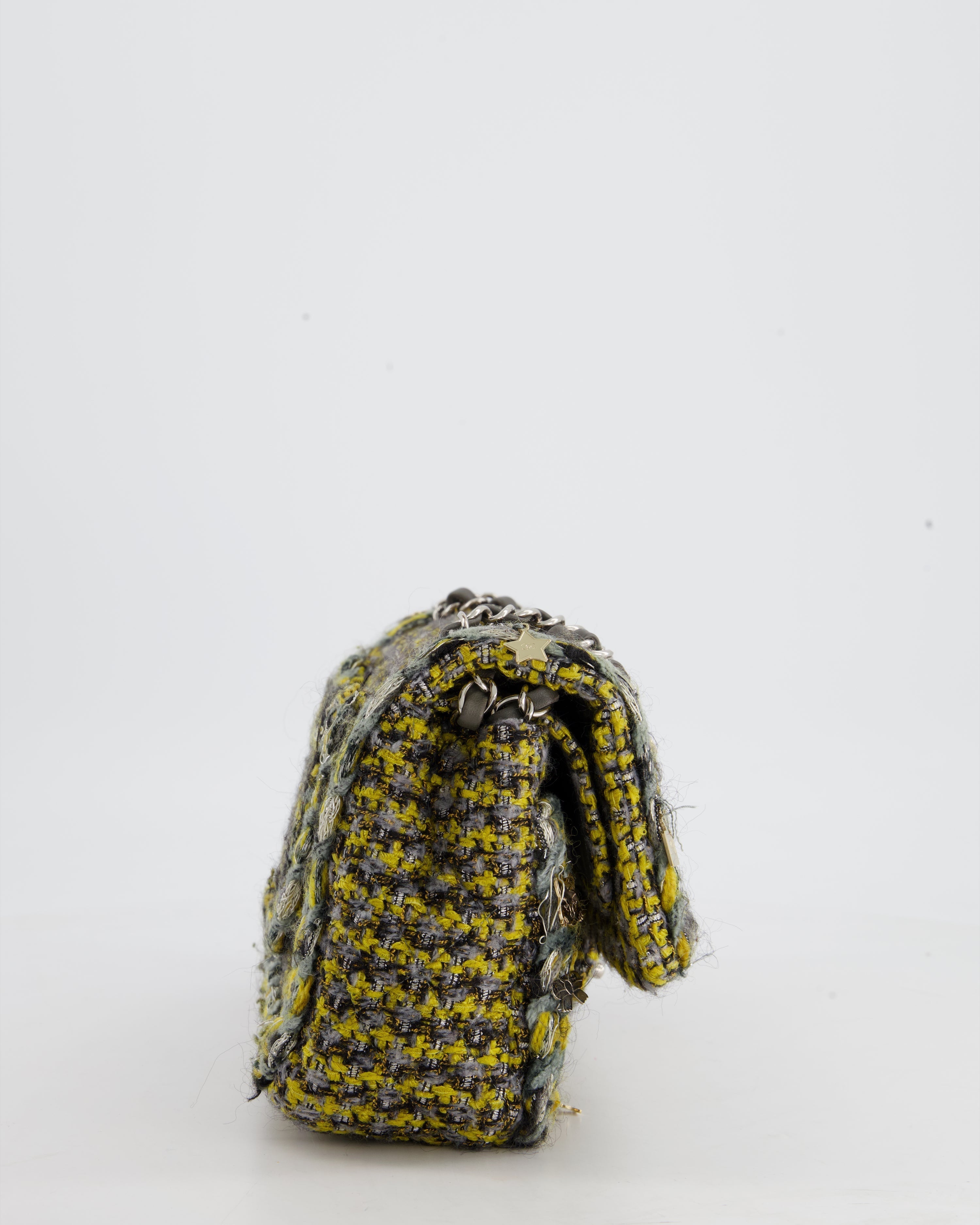 Chanel Grey, Yellow and Black Tweed Medium Classic Double Flap Bag with Silver Hardware and Champagne Charms RRP - £8,530