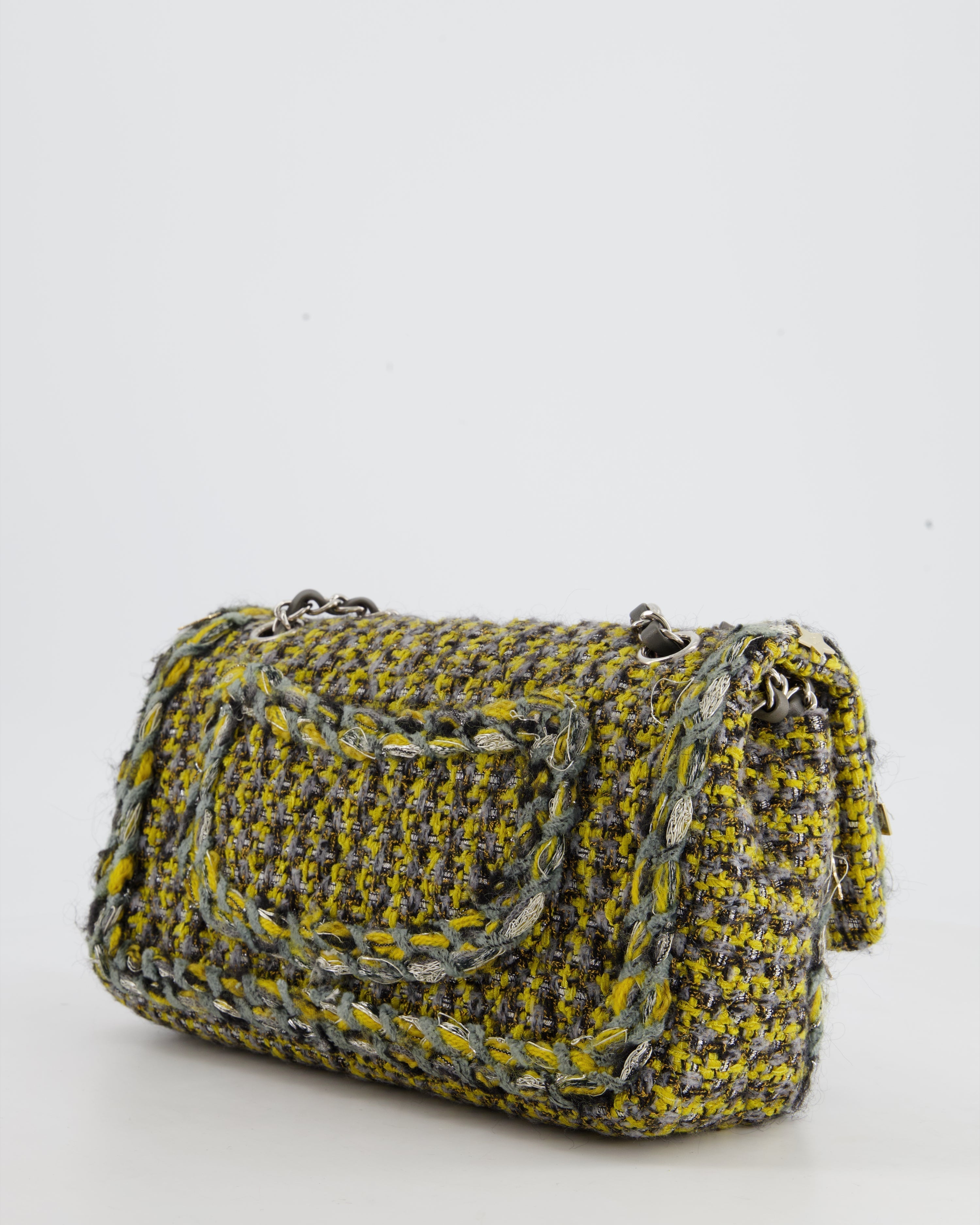 Chanel Grey, Yellow and Black Tweed Medium Classic Double Flap Bag with Silver Hardware and Champagne Charms RRP - £8,530