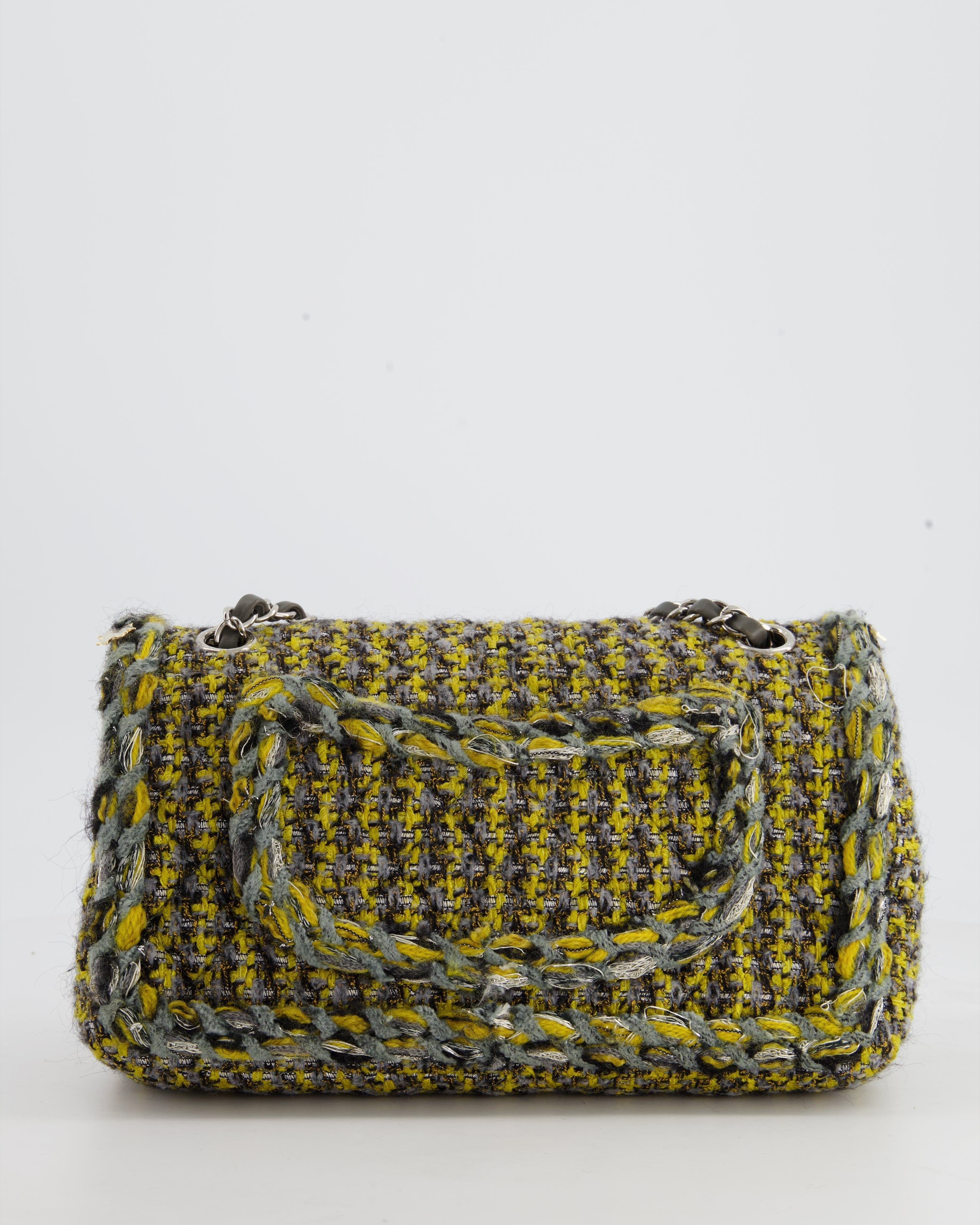 Chanel Grey, Yellow and Black Tweed Medium Classic Double Flap Bag with Silver Hardware and Champagne Charms RRP - £8,530