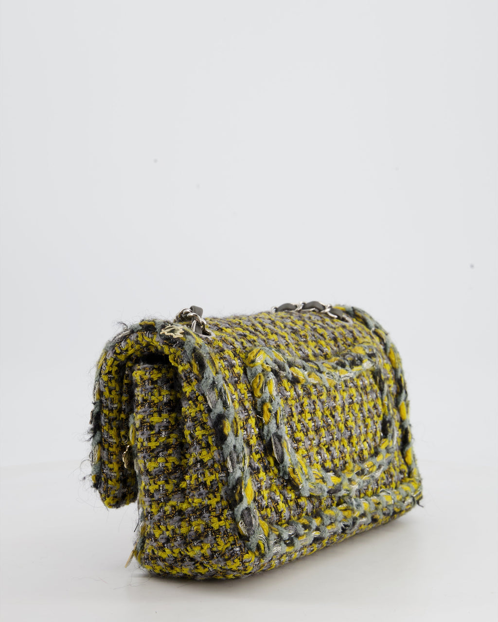 Chanel Grey, Yellow and Black Tweed Medium Classic Double Flap Bag with Silver Hardware and Champagne Charms RRP - £8,530