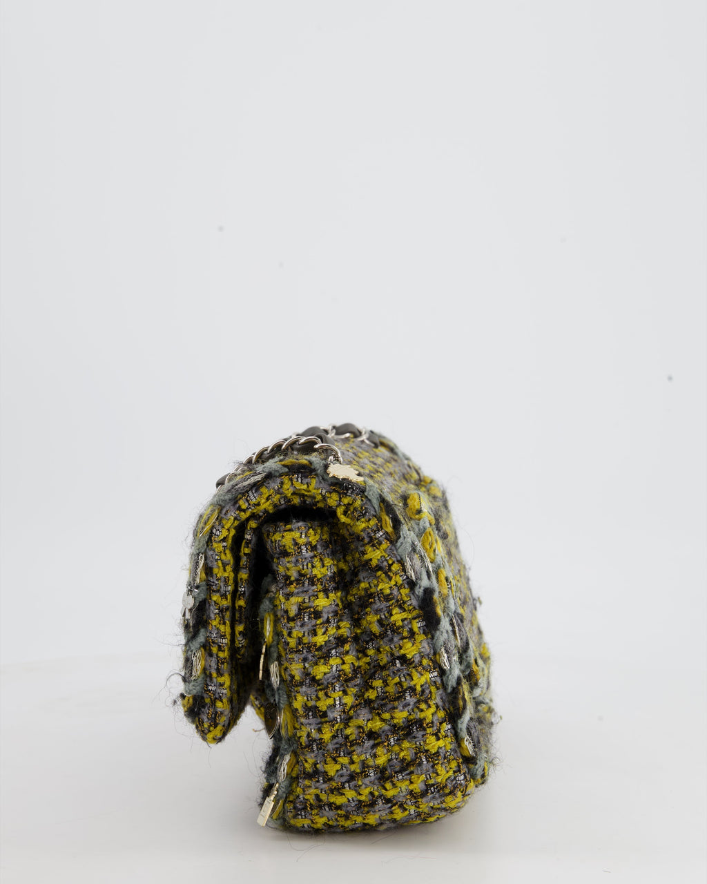 Chanel Grey, Yellow and Black Tweed Medium Classic Double Flap Bag with Silver Hardware and Champagne Charms RRP - £8,530