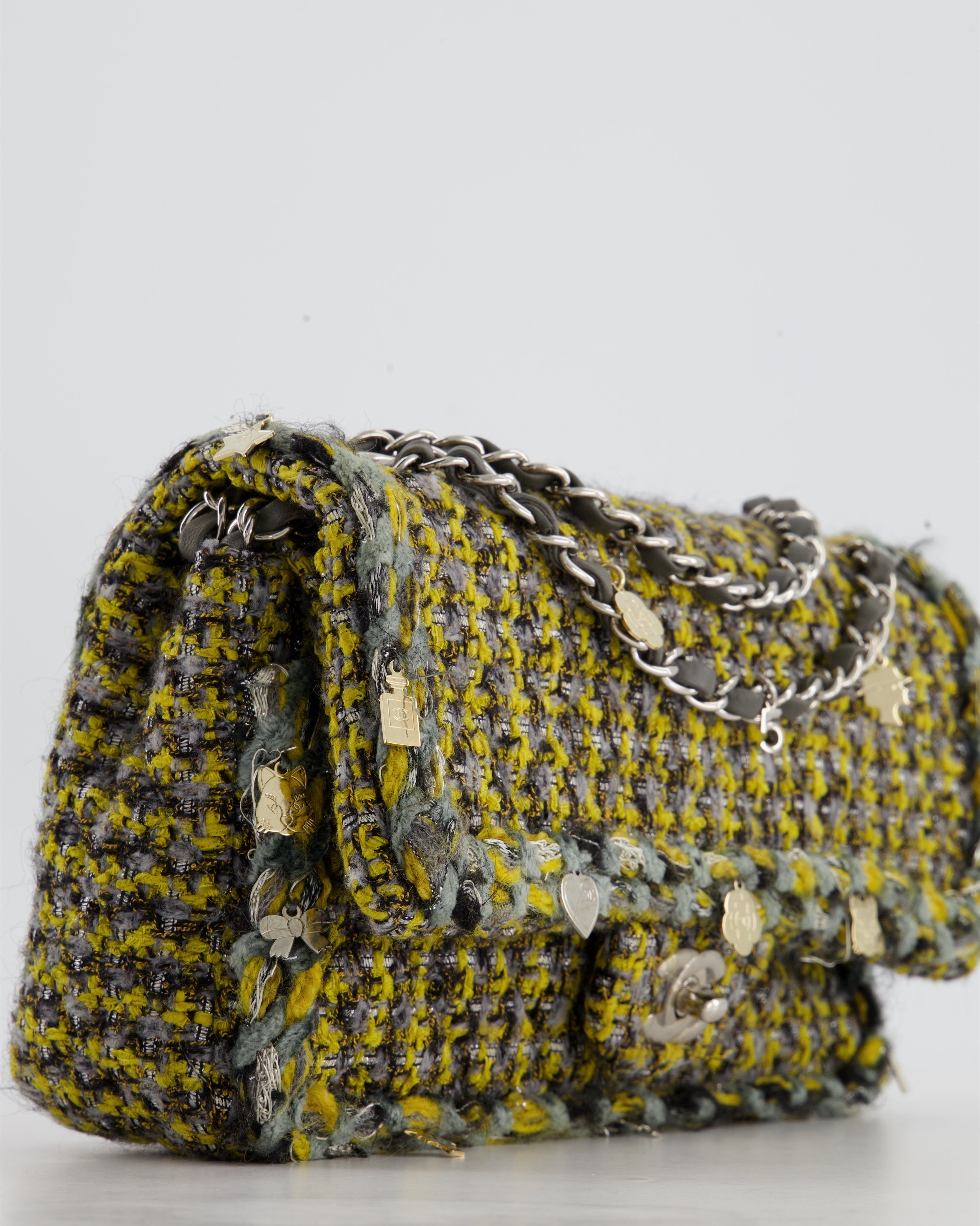 Chanel Grey, Yellow and Black Tweed Medium Classic Double Flap Bag with Silver Hardware and Champagne Charms RRP - £8,530