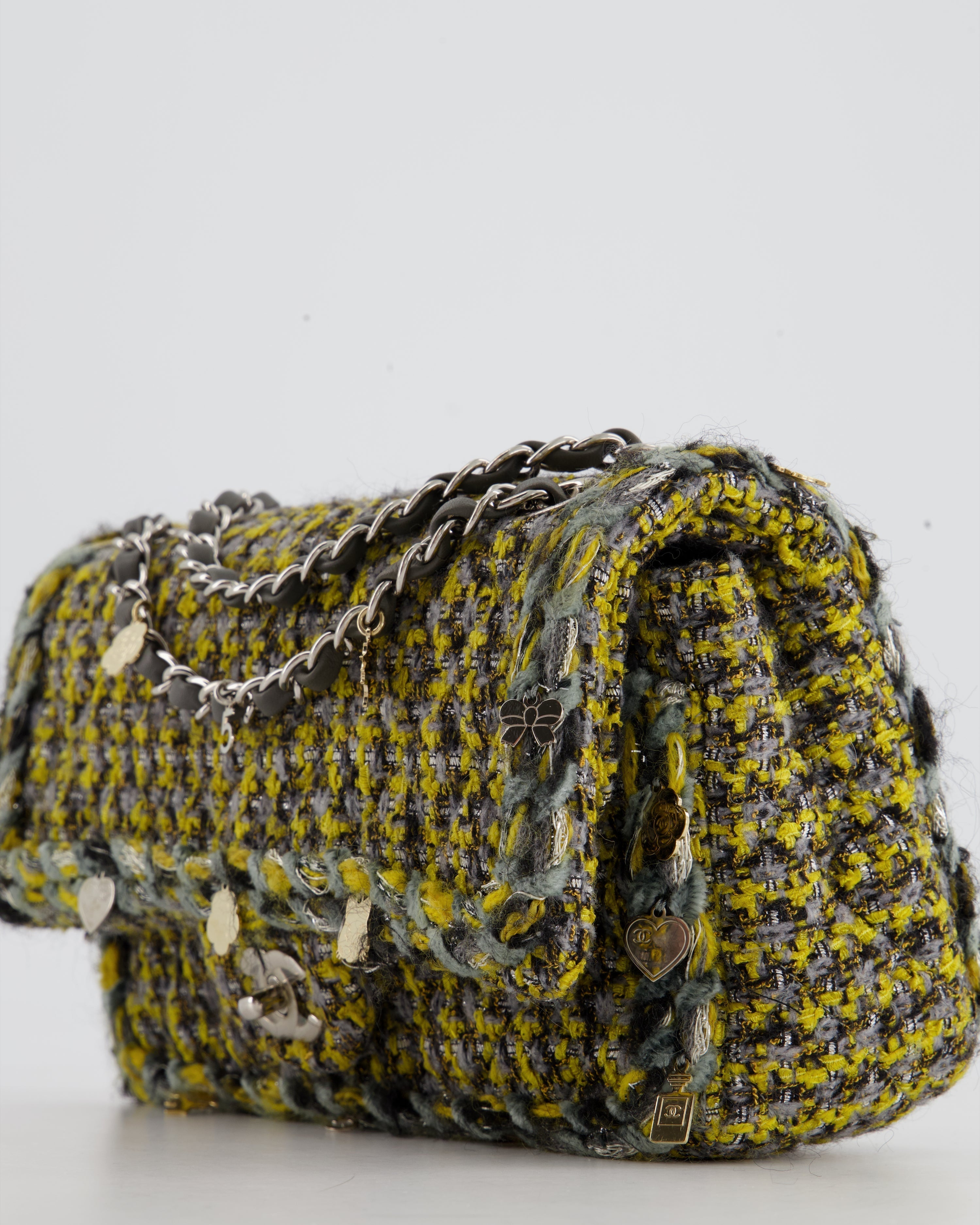 Chanel Grey, Yellow and Black Tweed Medium Classic Double Flap Bag with Silver Hardware and Champagne Charms RRP - £8,530
