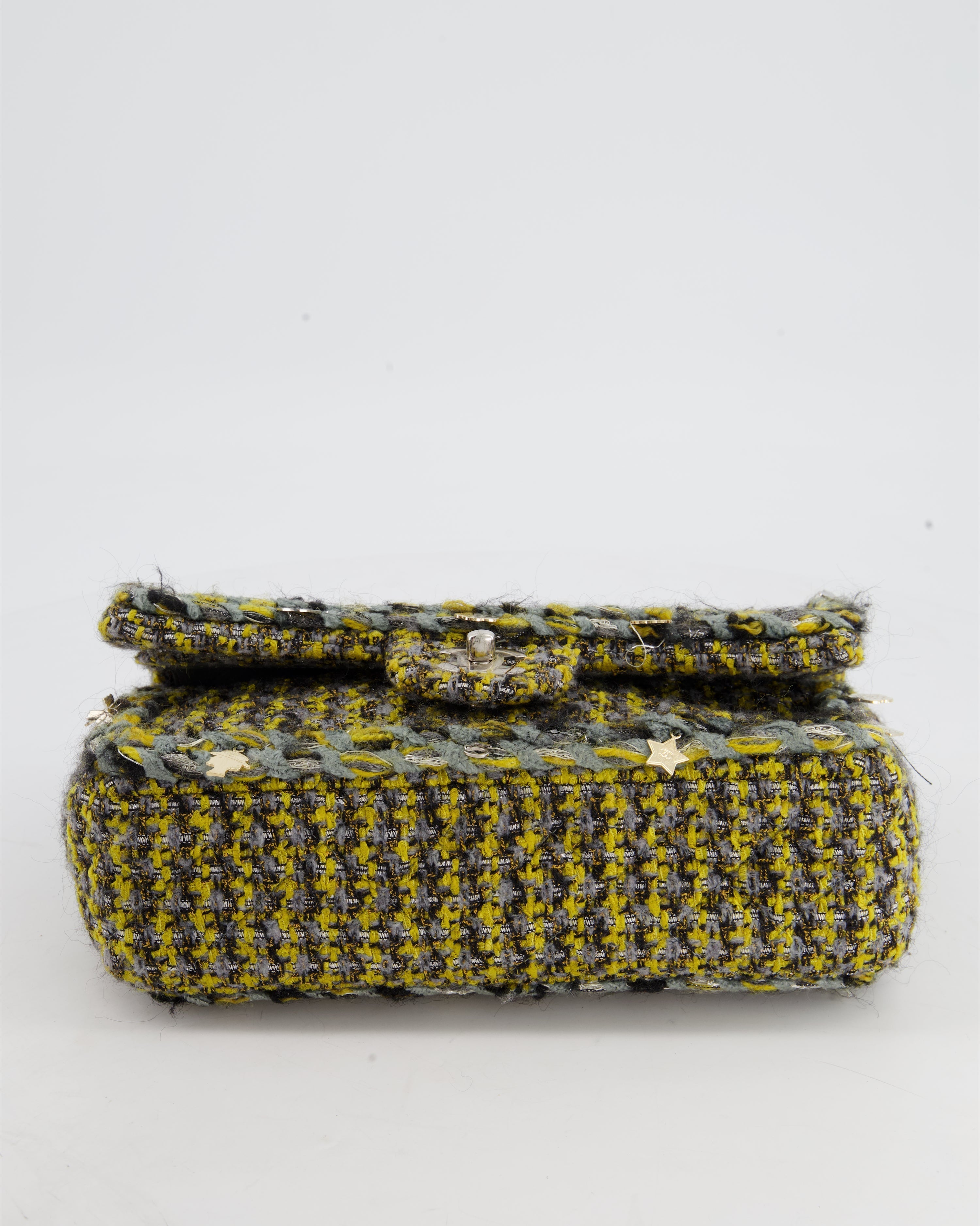 Chanel Grey, Yellow and Black Tweed Medium Classic Double Flap Bag with Silver Hardware and Champagne Charms RRP - £8,530