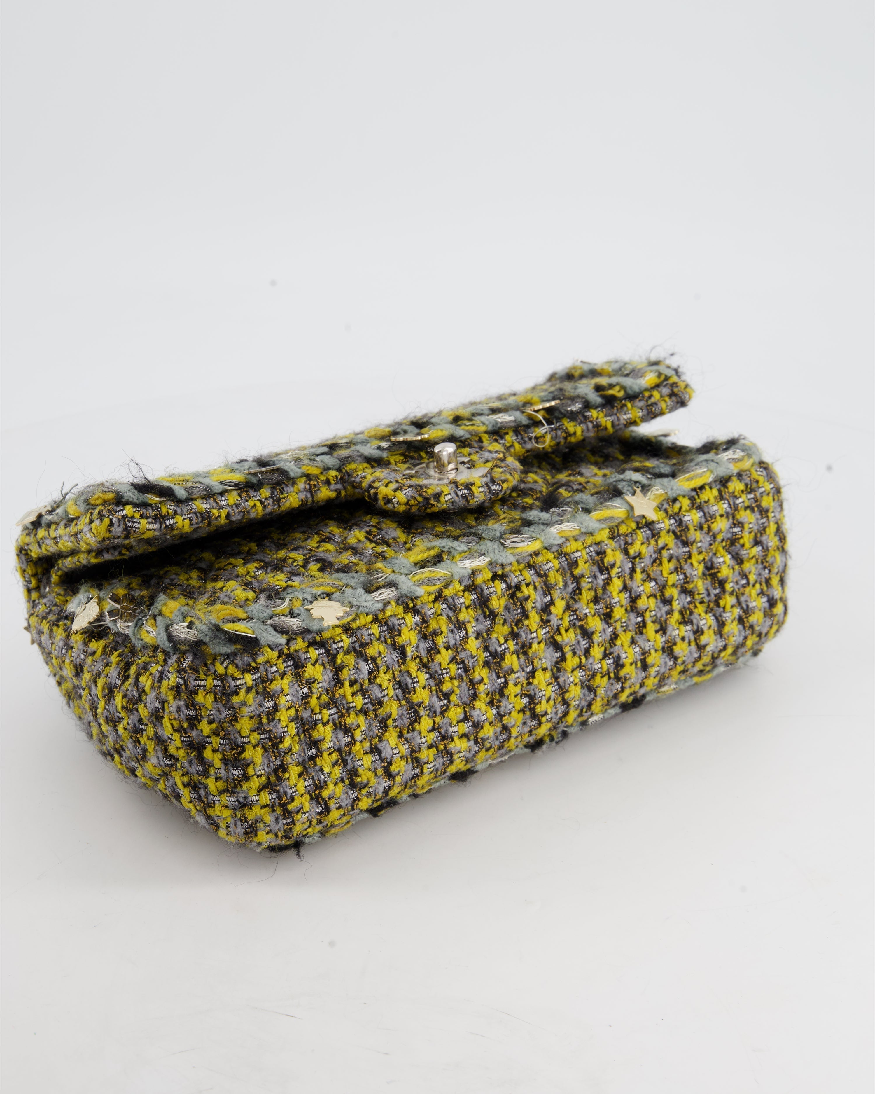Chanel Grey, Yellow and Black Tweed Medium Classic Double Flap Bag with Silver Hardware and Champagne Charms RRP - £8,530