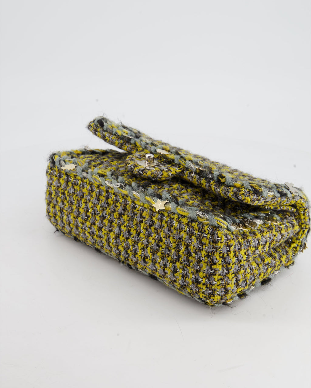 Chanel Grey, Yellow and Black Tweed Medium Classic Double Flap Bag with Silver Hardware and Champagne Charms RRP - £8,530