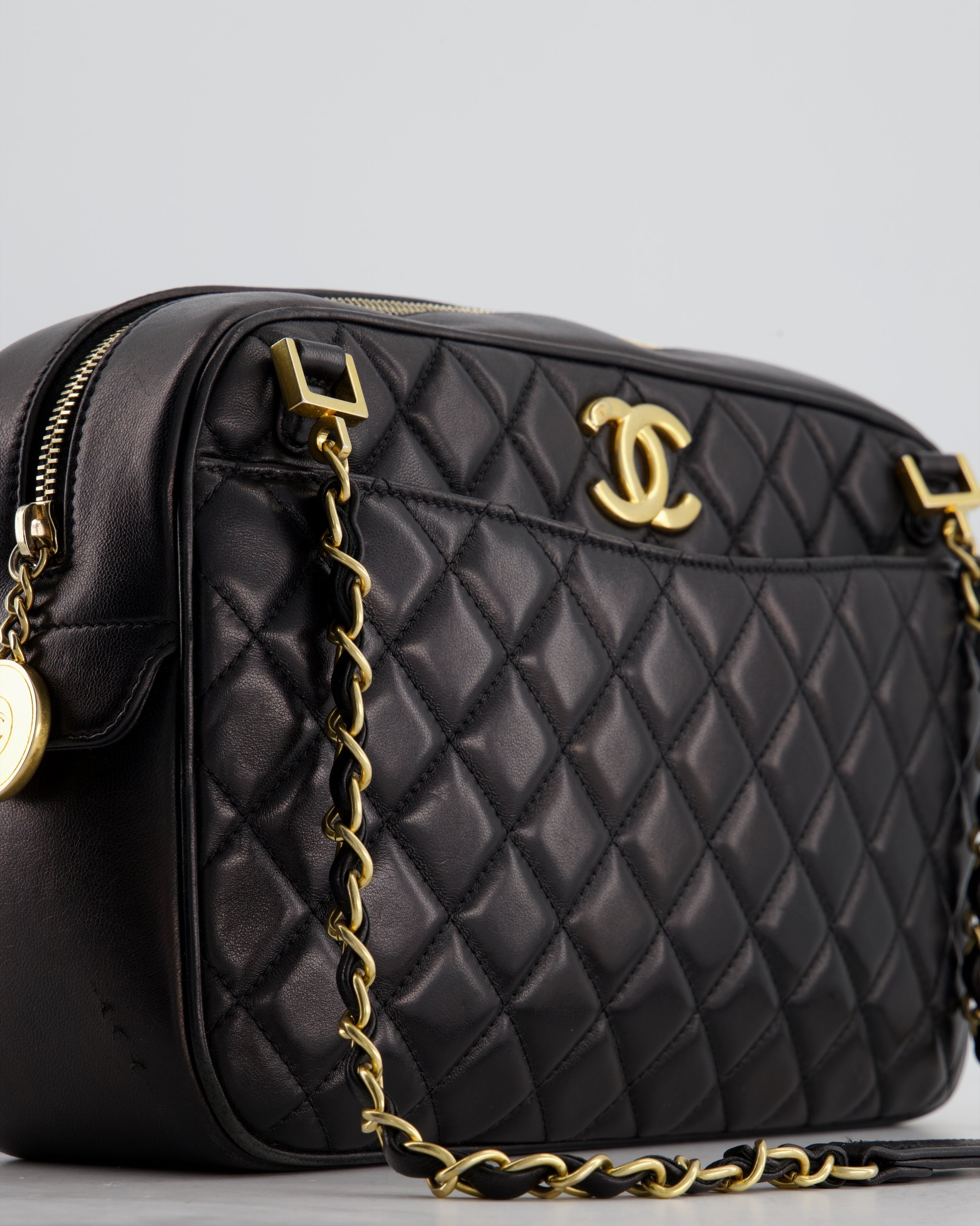 Chanel Black Crossbody Camera Bag in Quilted Lambskin With Gold Hardware