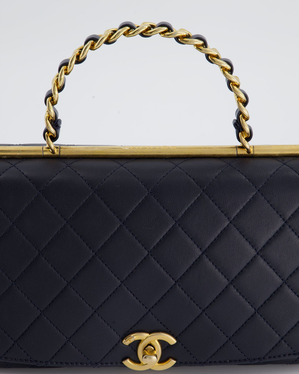 Chanel Navy Top Handle Bag in Lambskin with Brushed Gold Hardware