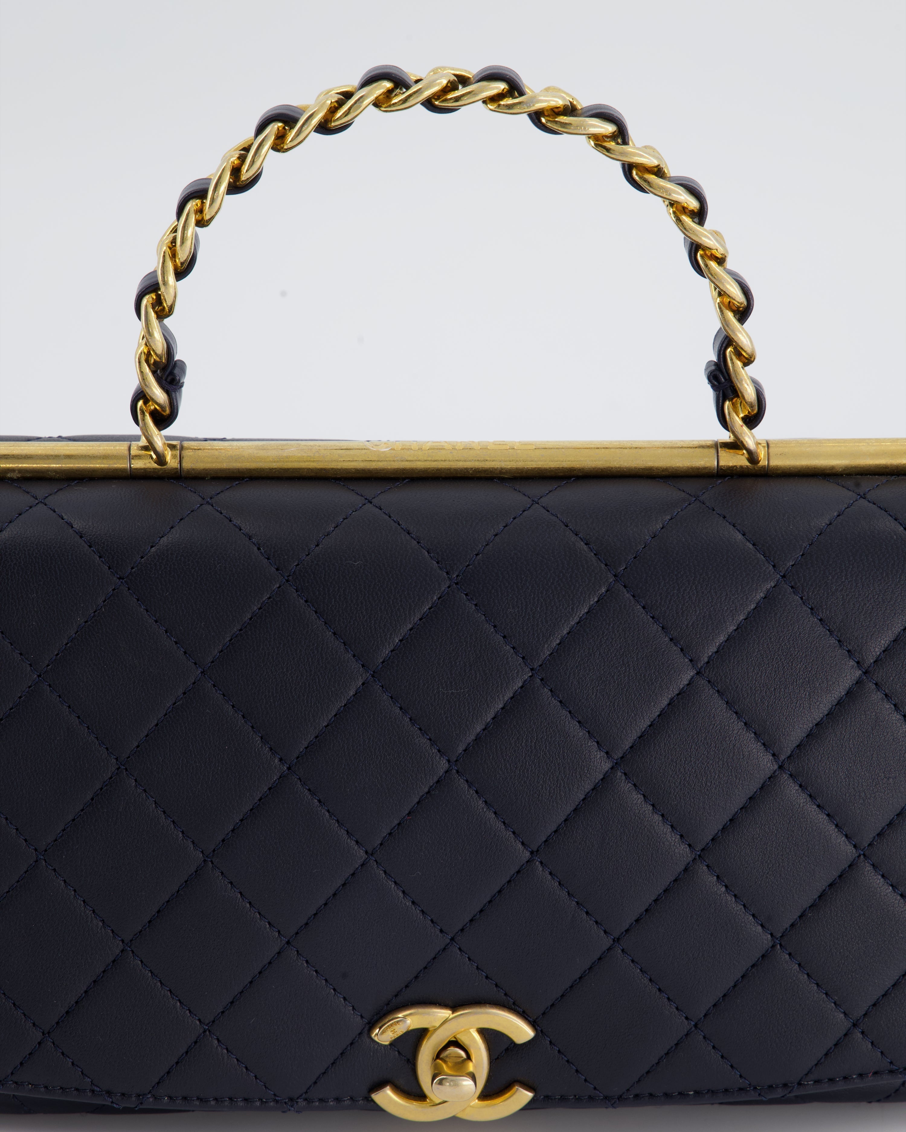 Chanel Navy Top Handle Bag in Lambskin with Brushed Gold Hardware