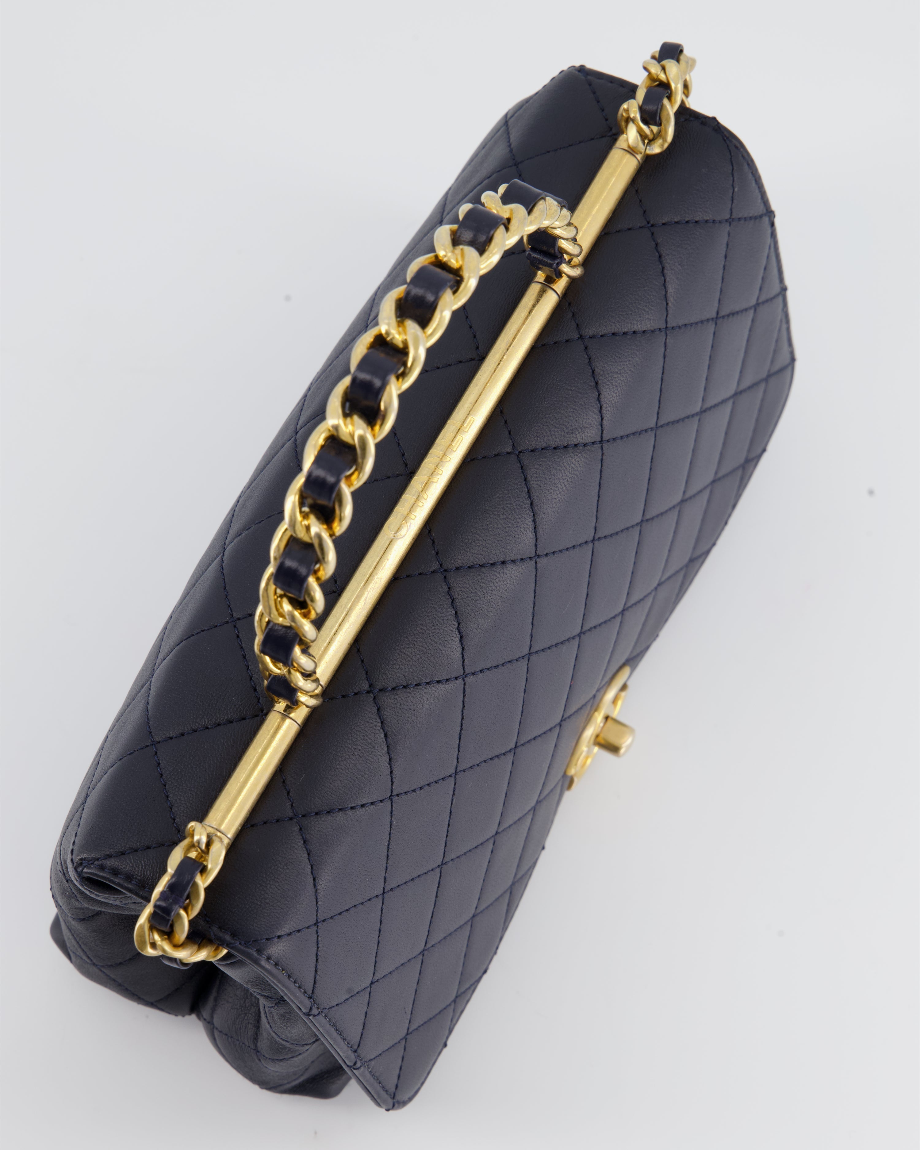 Chanel Navy Top Handle Bag in Lambskin with Brushed Gold Hardware