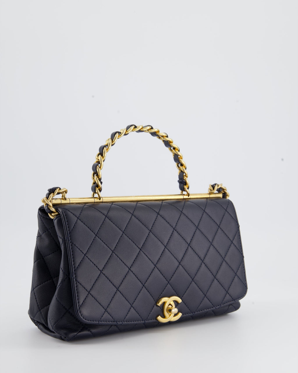 Chanel Navy Top Handle Bag in Lambskin with Brushed Gold Hardware