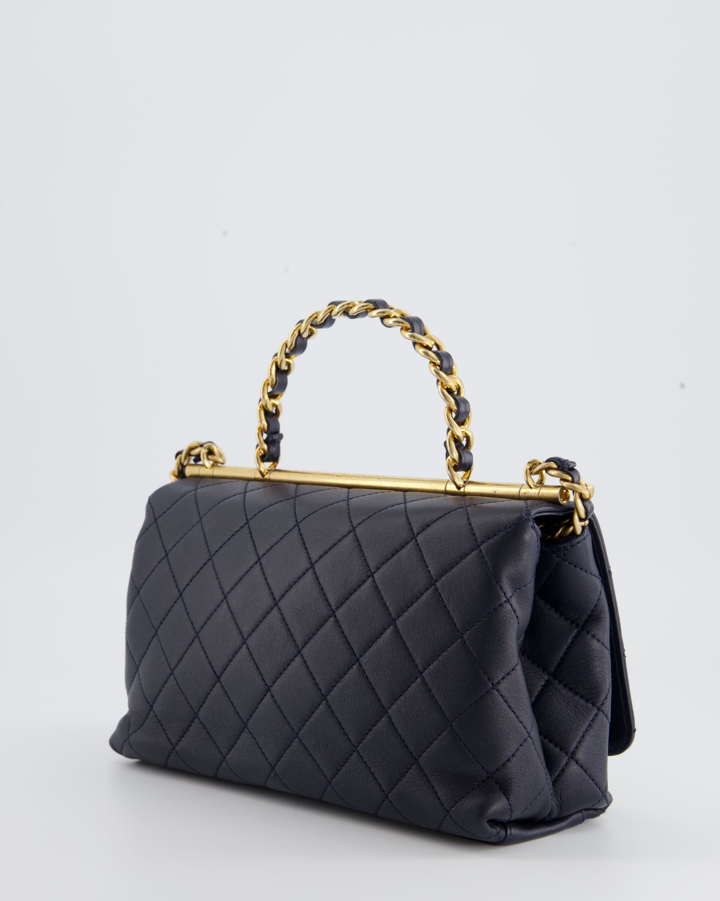 Chanel Navy Top Handle Bag in Lambskin with Brushed Gold Hardware