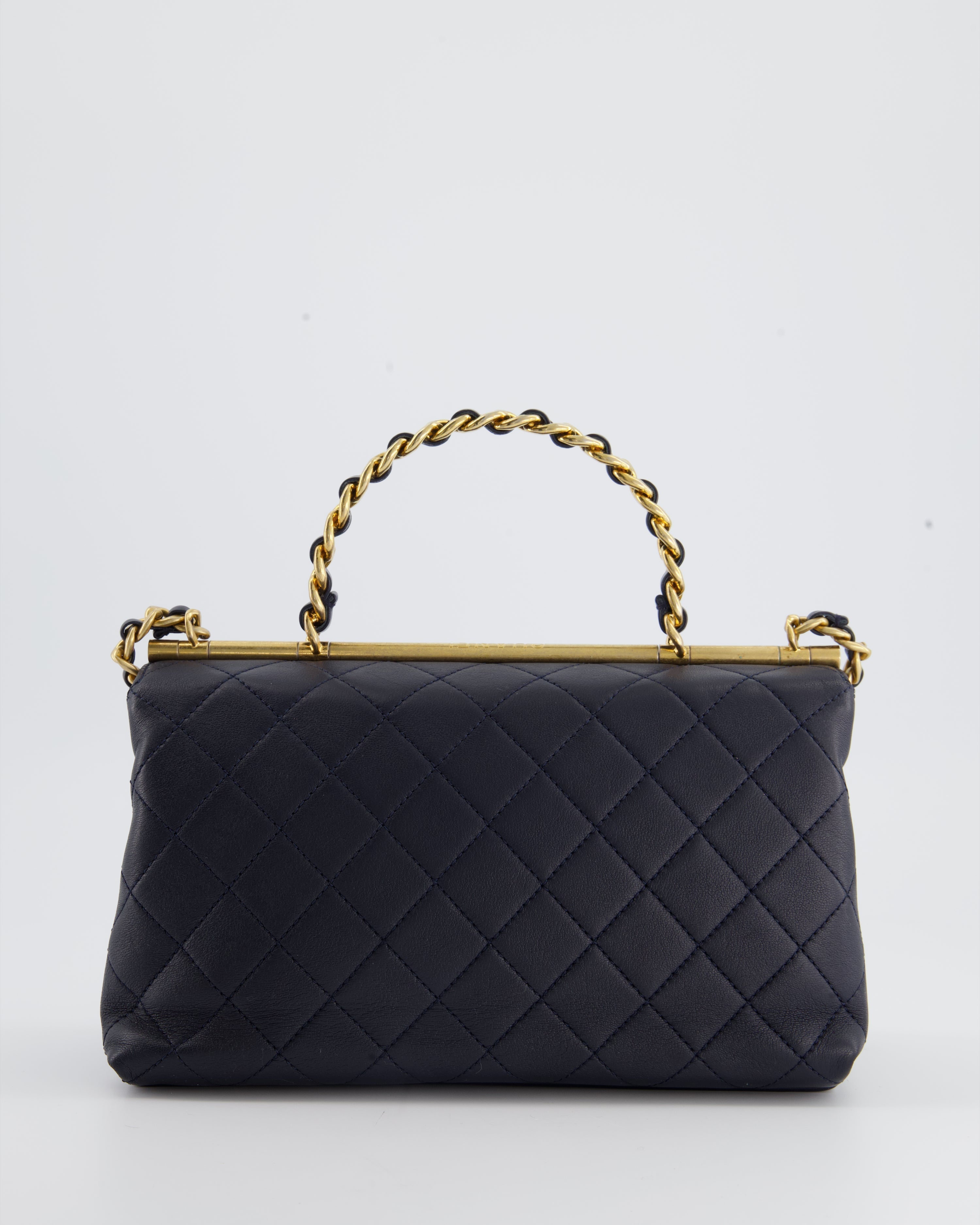 Chanel Navy Top Handle Bag in Lambskin with Brushed Gold Hardware