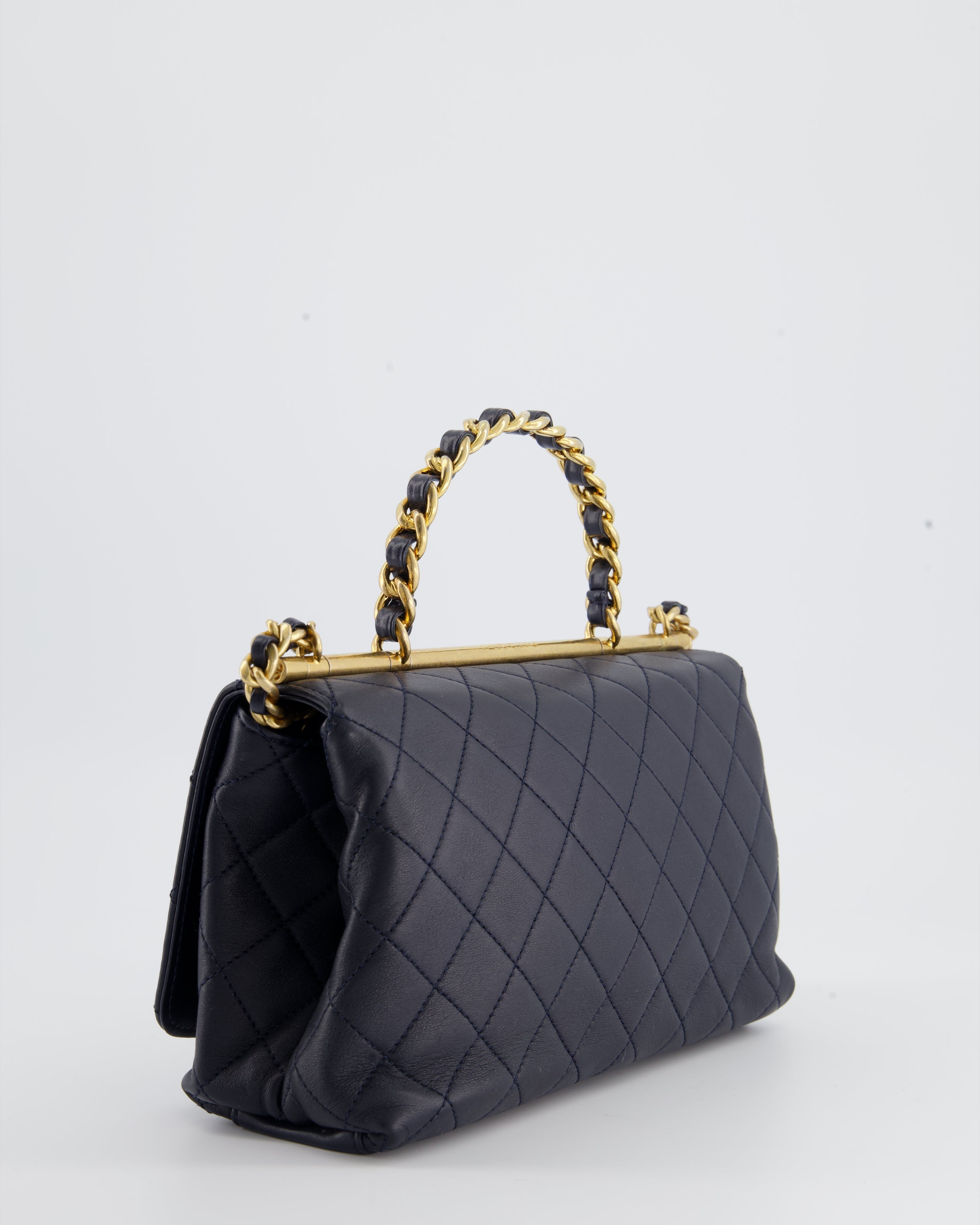 Chanel Navy Top Handle Bag in Lambskin with Brushed Gold Hardware