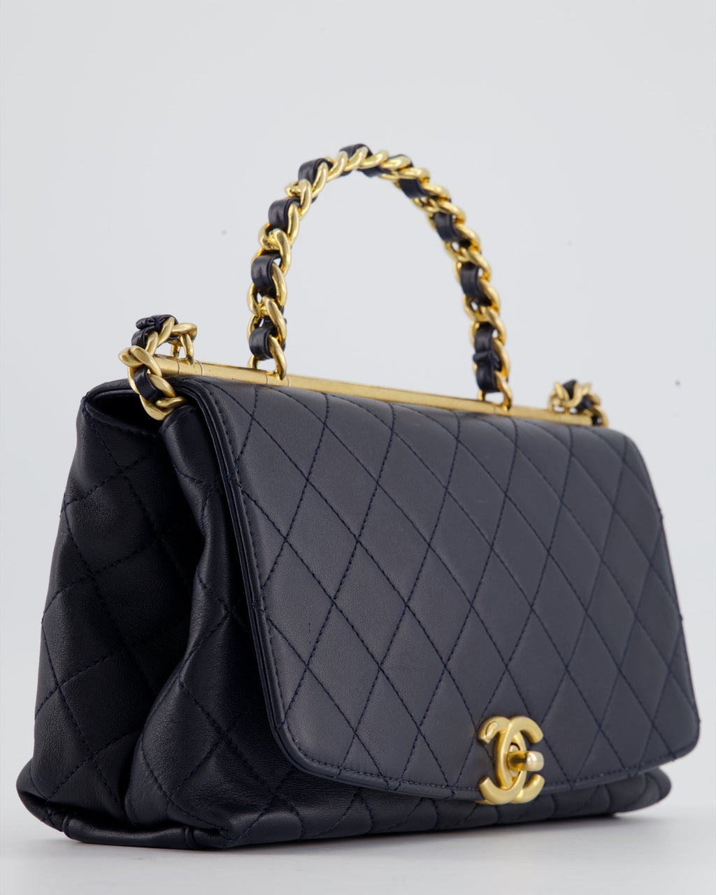 Chanel Navy Top Handle Bag in Lambskin with Brushed Gold Hardware