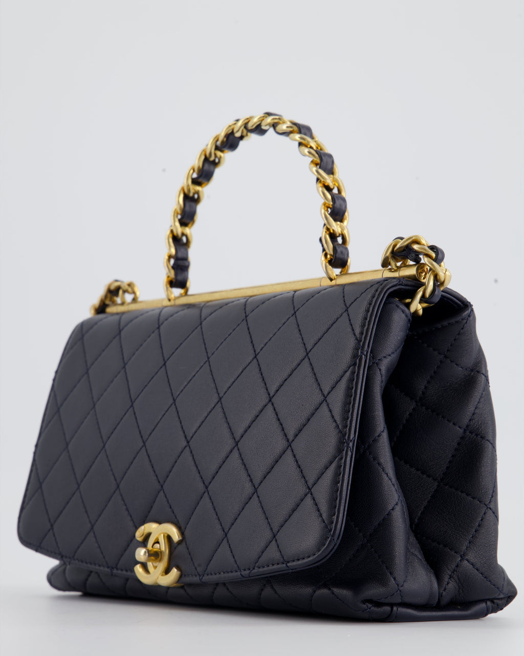 Chanel Navy Top Handle Bag in Lambskin with Brushed Gold Hardware