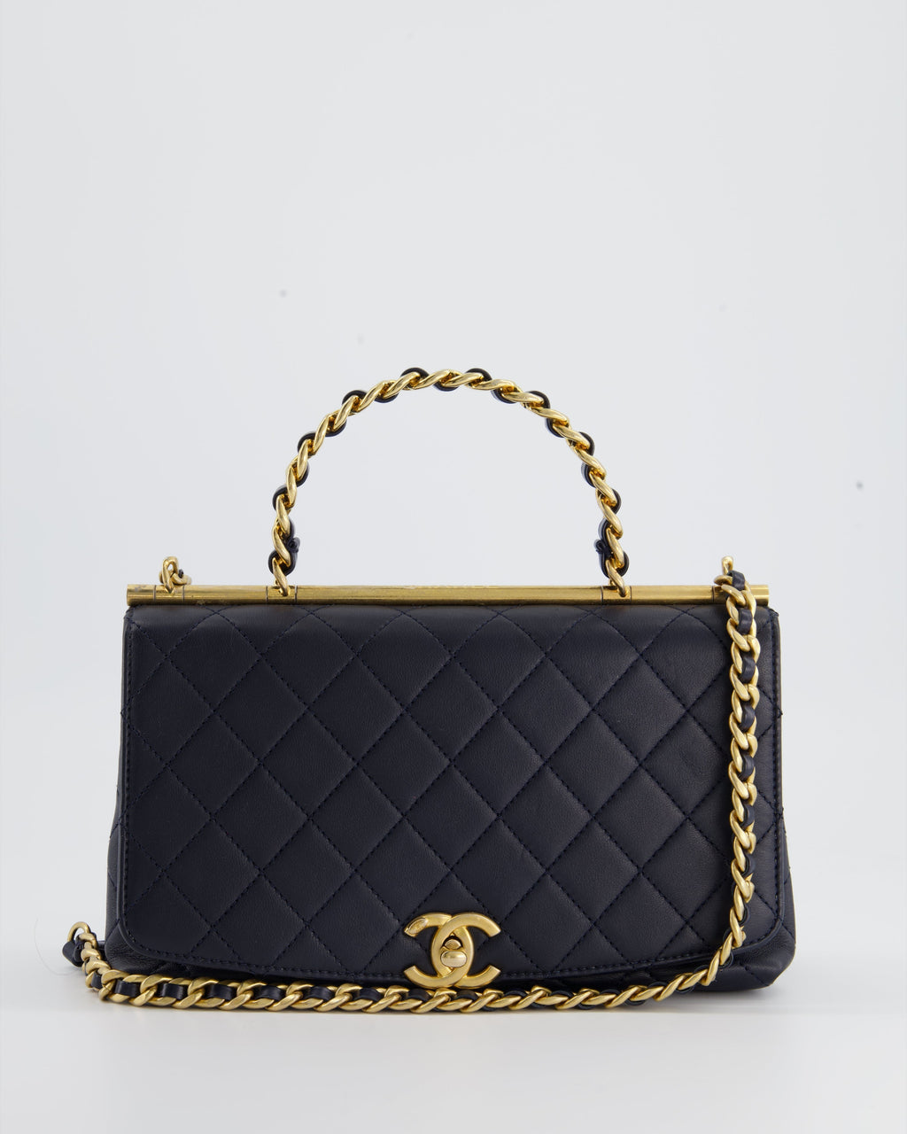 Chanel Navy Top Handle Bag in Lambskin with Brushed Gold Hardware